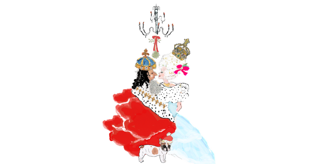 Illustration of King Louis and Marie under the Mistletoe with Louis looking on