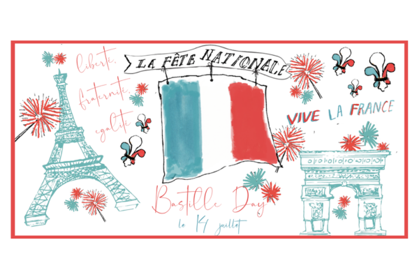 Colorful blue, white, and red illustration of Bastille Day with tricolor French flag, the Eiffel Tower, the Arc d'Triomphe, fleur de lys, and firewooks