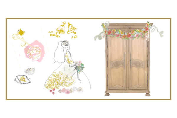 Illustrated image of the bride, marriage armoire, and pieces of her trousseau