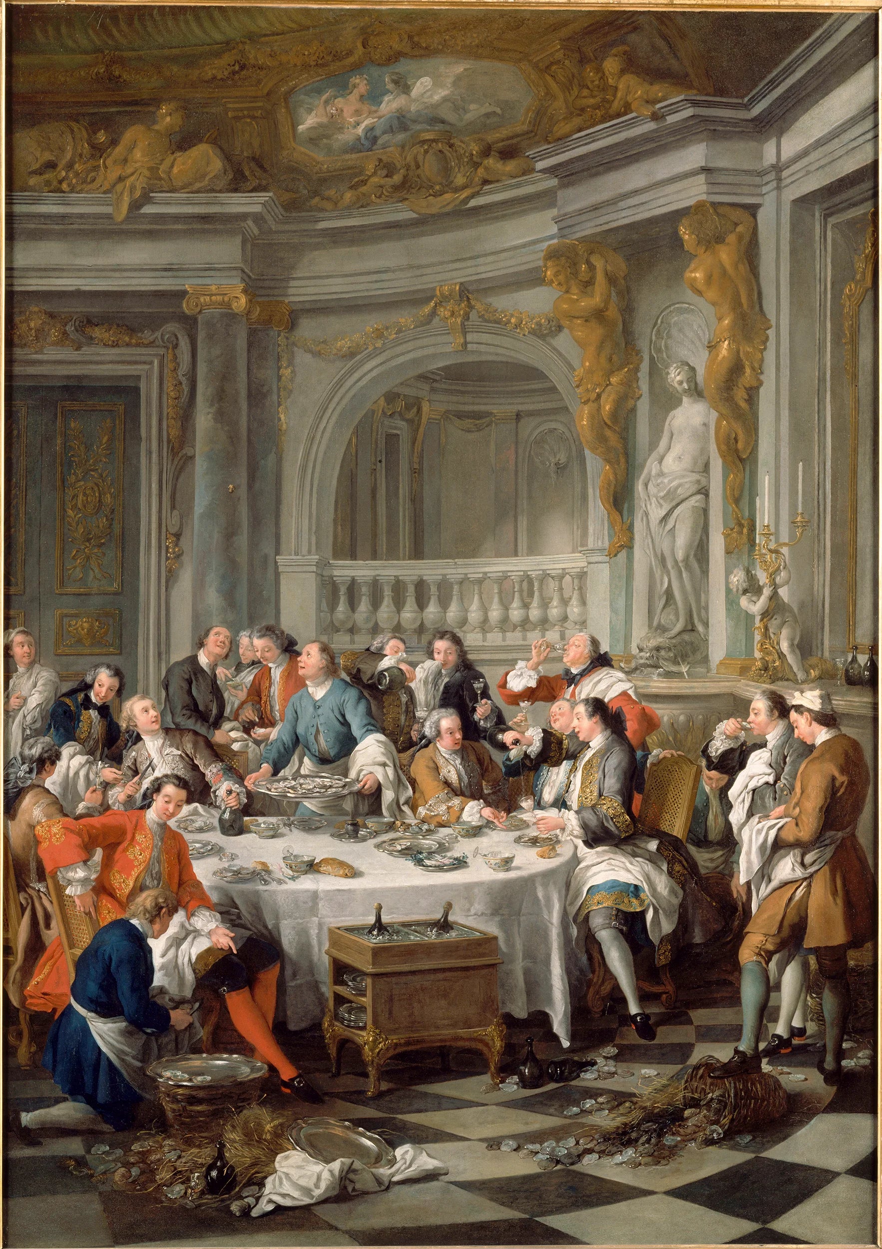 Le Déjeuner d’huîtres (The Oyster Dinner), 1735 painting by Jean-François de Troy, depicting courtiers at Versailles enjoying oysters and champagne in an opulent Rococo dining room.