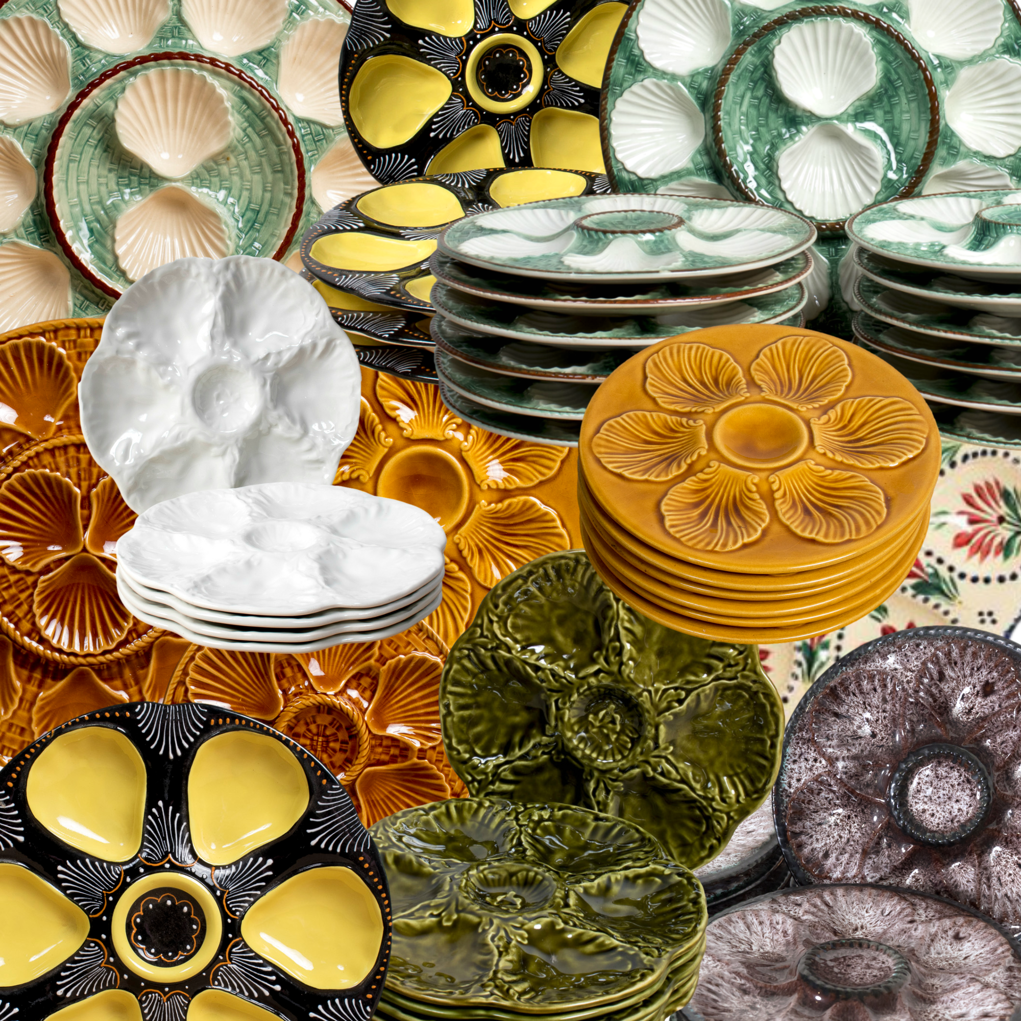 Mix of antique French oyster plates and platters.
