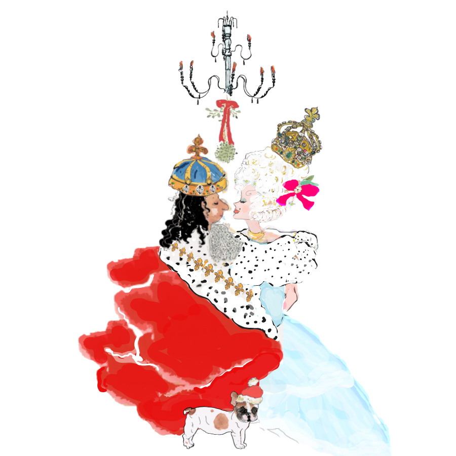 Marie and King Louis kissing under mistletoe with Louis the French Bulldog, festive French Christmas illustration