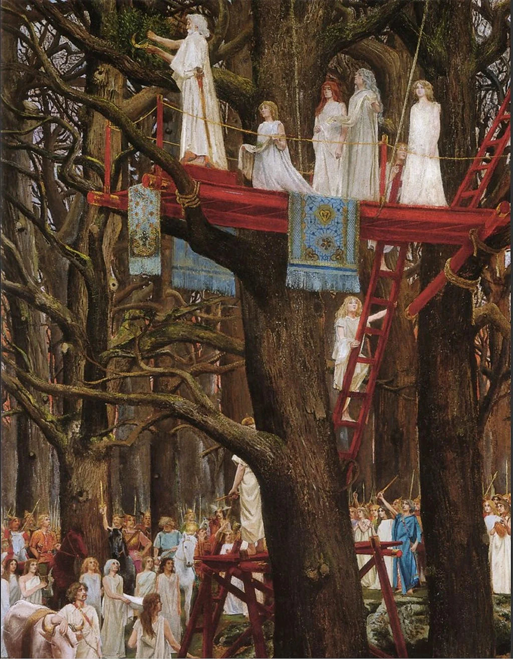 Painting of Druids harvesting mistletoe from oak trees.