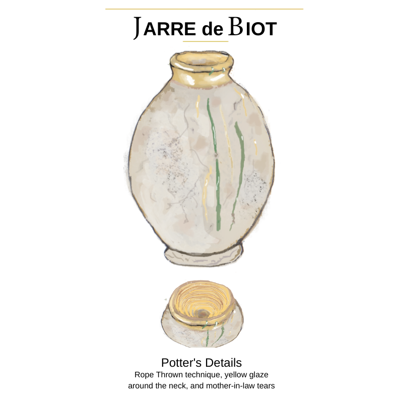 illustration of a Jarre de Biot — honey yellow glaze at the neck, mother-in-law’s tears in shades of green dripping down the side, and that classic teardrop silhouette.