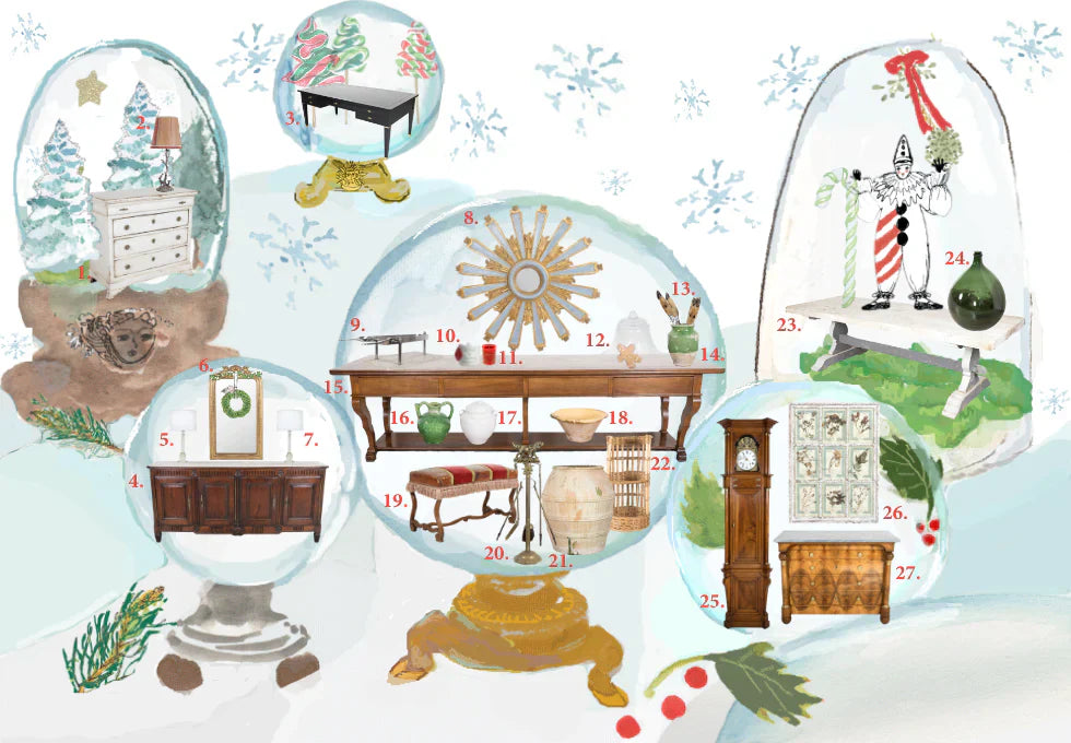 illustrated snow globes filled with French and fabulous gifts