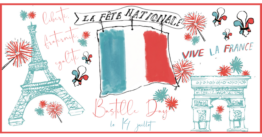Blue, red, and white color illustration of Bastille Day celebration with tricolor flag, Eiffel Tower, Arc de triomphe and firewoks