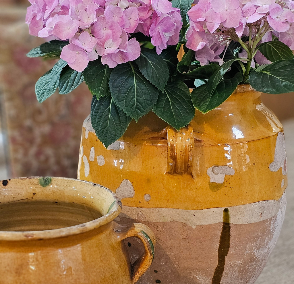 Crusty mustard yellow confit pots with pink hydrangeas