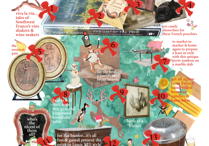 Colorful illustrated Christmas Tree with assortment of antique gifts wrapping around for Lolo's 2019 Holiday Gift Guide
