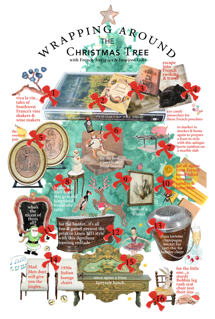 Colorful illustrated Christmas Tree with assortment of antique gifts wrapping around for Lolo's 2019 Holiday Gift Guide