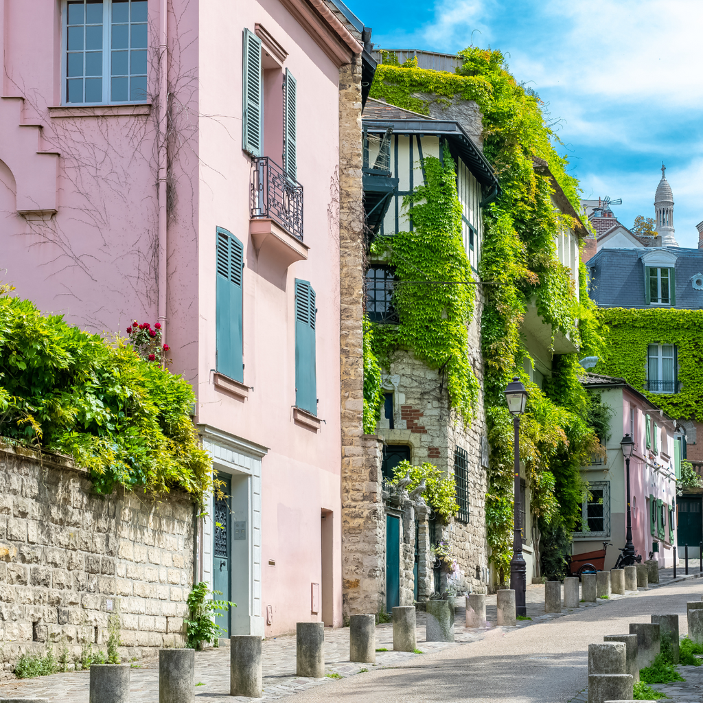 Beautiful rosy facades located in Montmartre on the prettiest boulevard in France