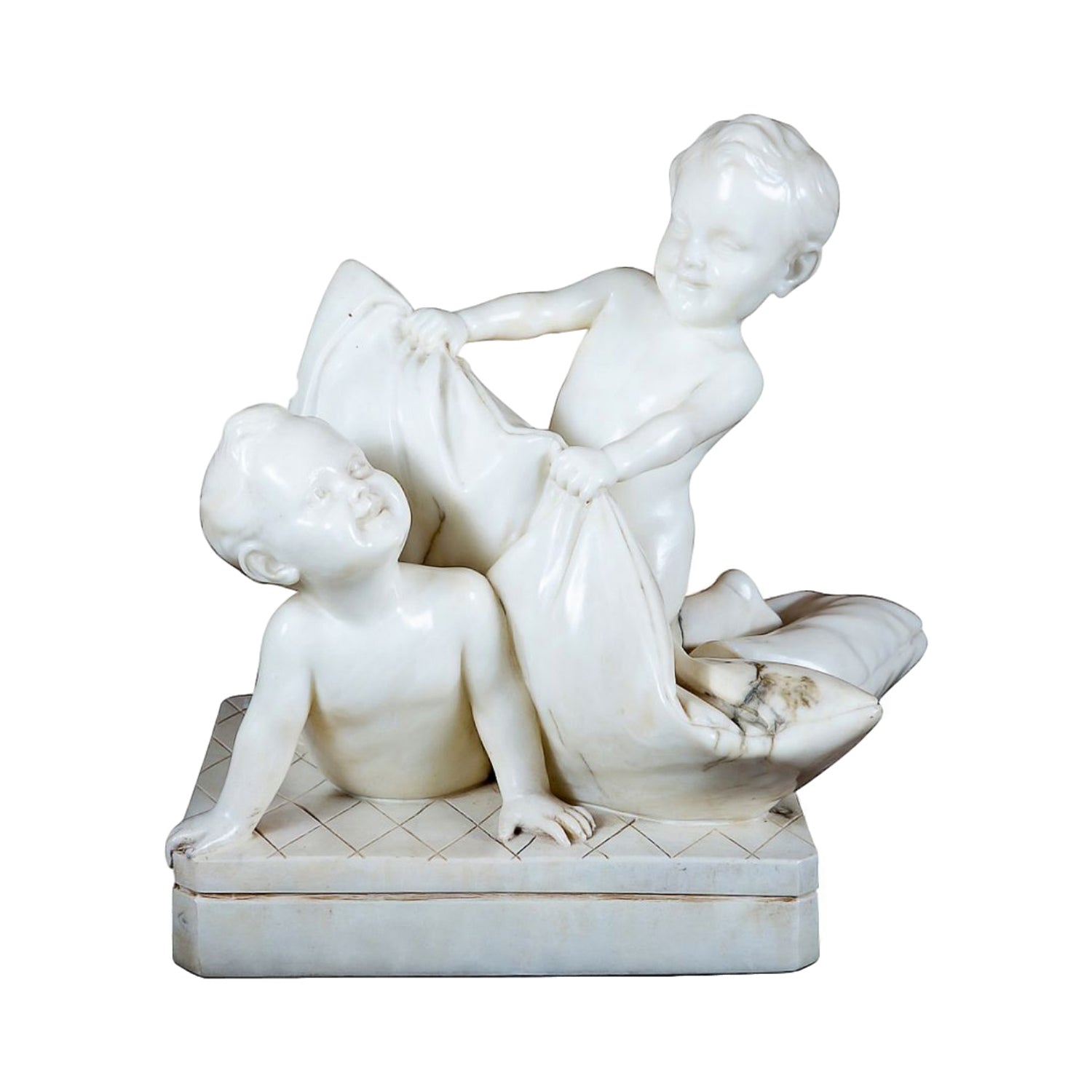 Early 20th Century Italian Carved Alabaster Sculpture of Putti Pillow Fight
