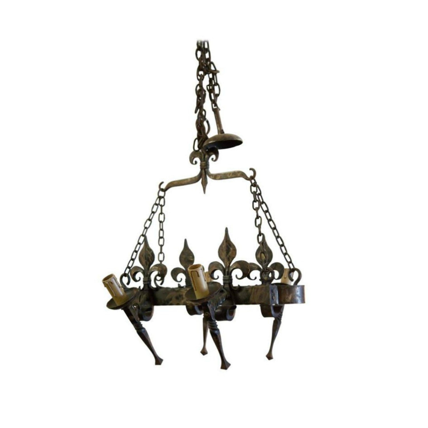 Country French Four-Light Hand Forged Iron Fleur de Lis Chandelier