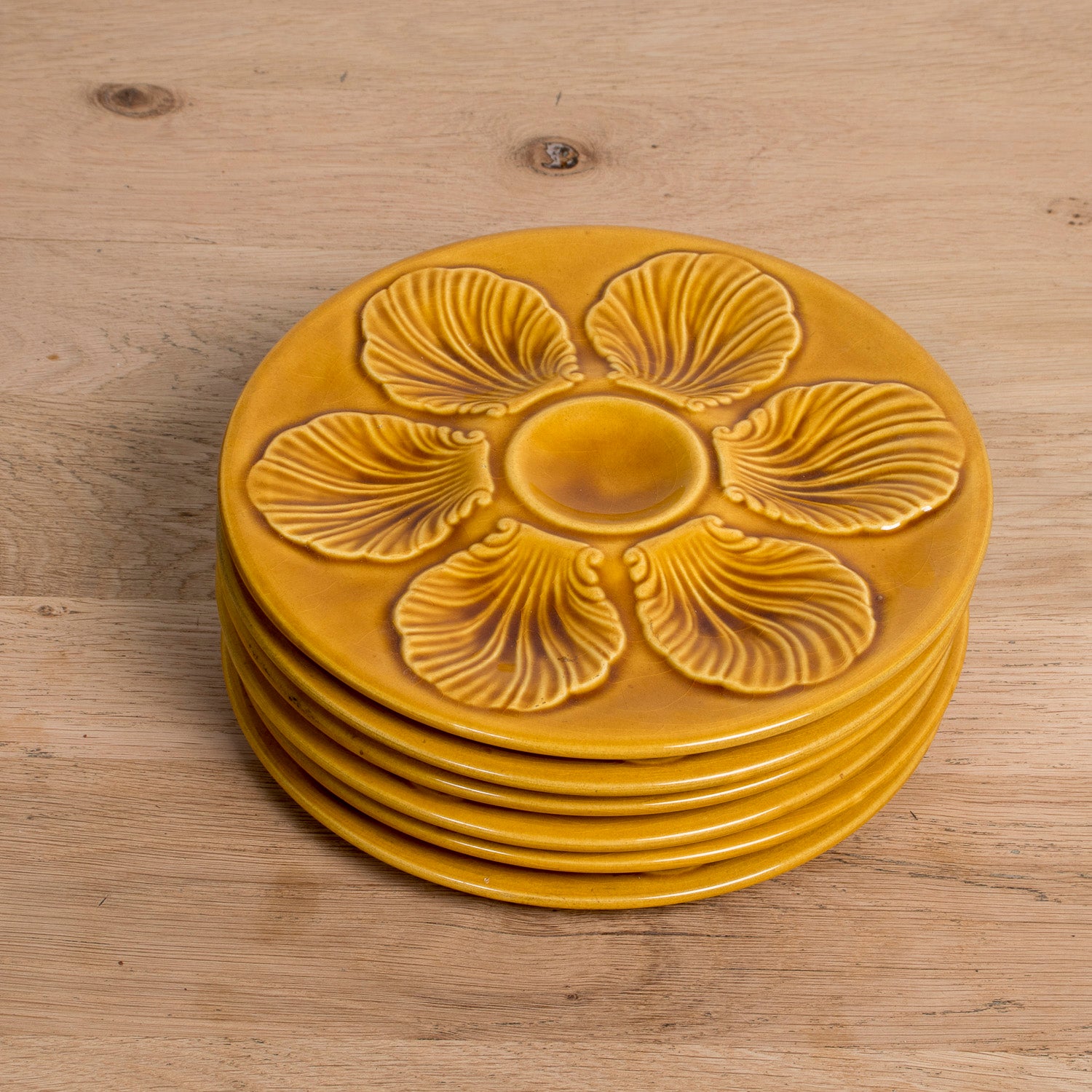 Set of Six Vintage French Proceram Gold Oyster Plates, Signed