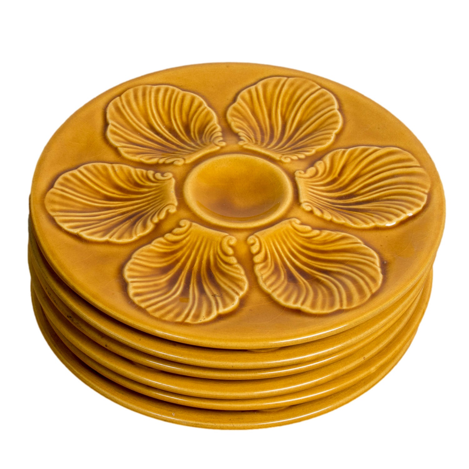 Set of Six Vintage French Proceram Gold Oyster Plates, Signed