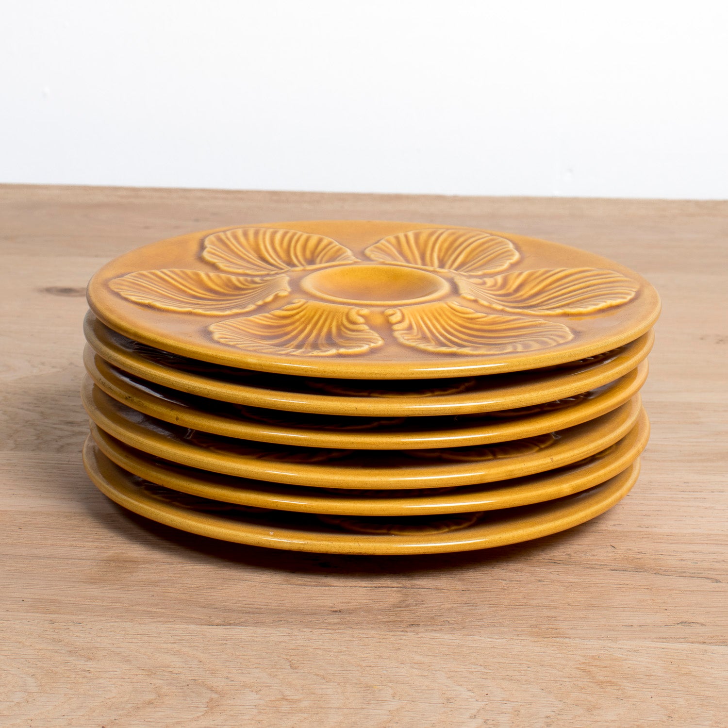 Set of Six Vintage French Proceram Gold Oyster Plates, Signed