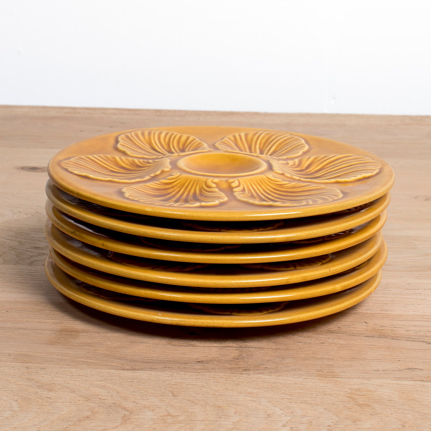 Set of Six Vintage French Proceram Gold Oyster Plates, Signed