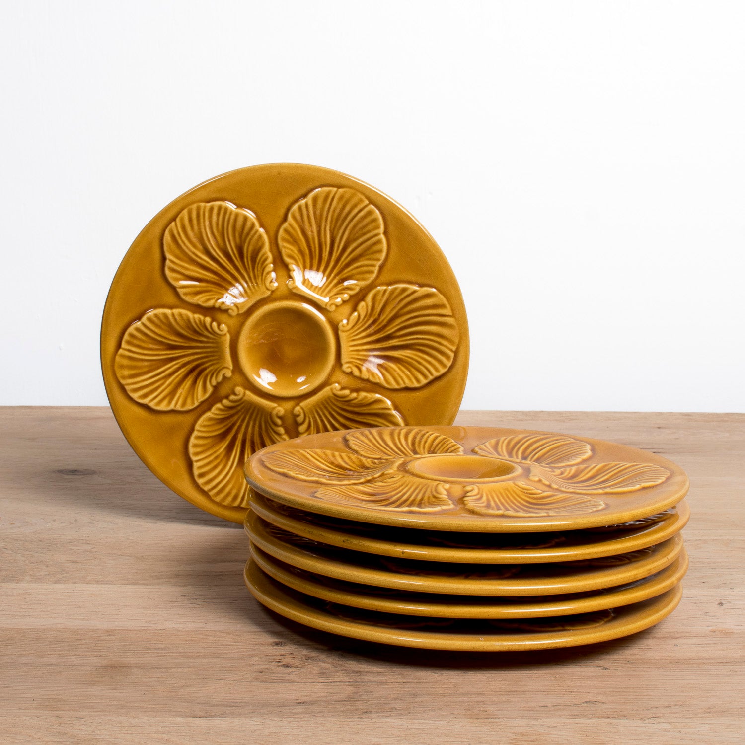 Set of Six Vintage French Proceram Gold Oyster Plates, Signed