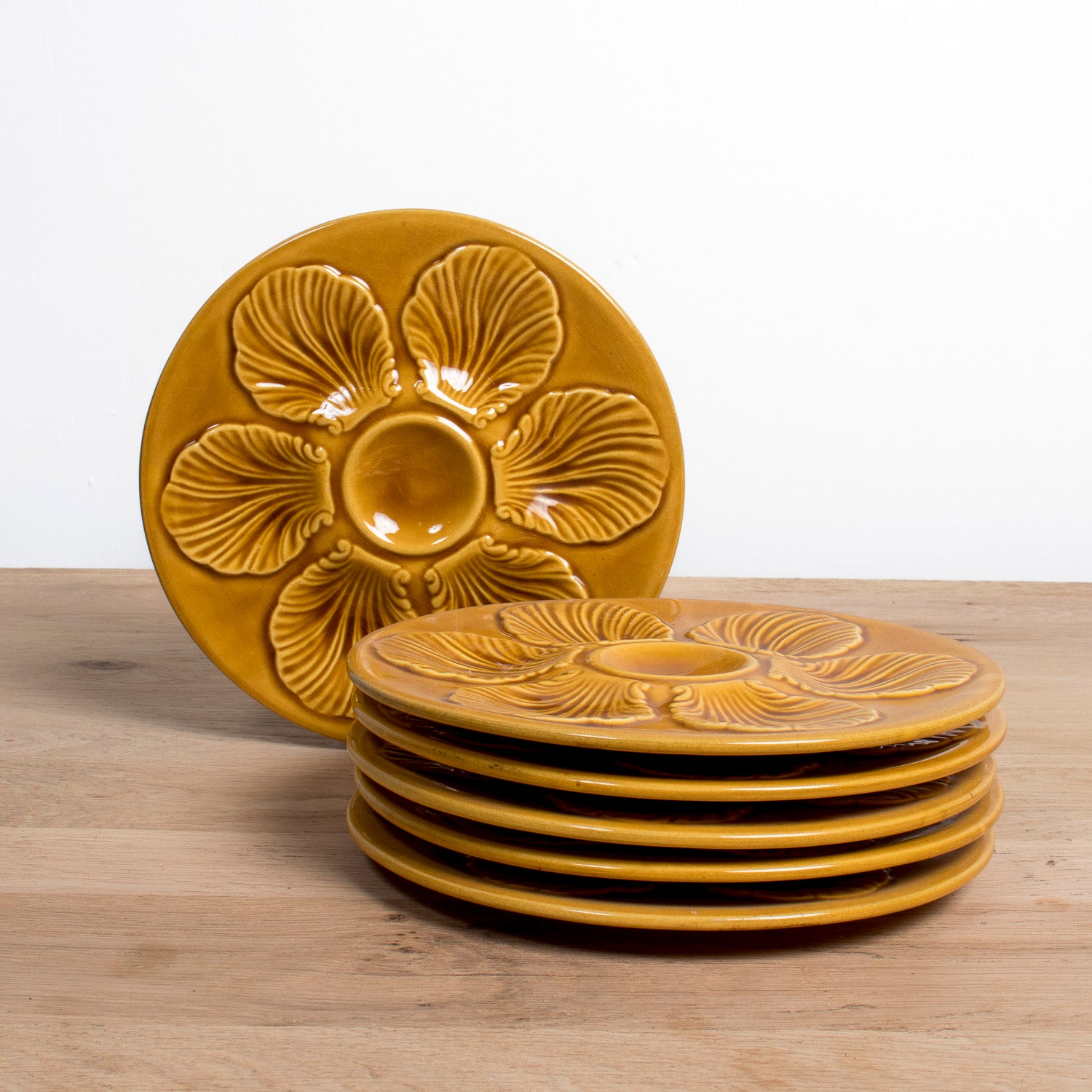 Set of Six Vintage French Proceram Gold Oyster Plates, Signed