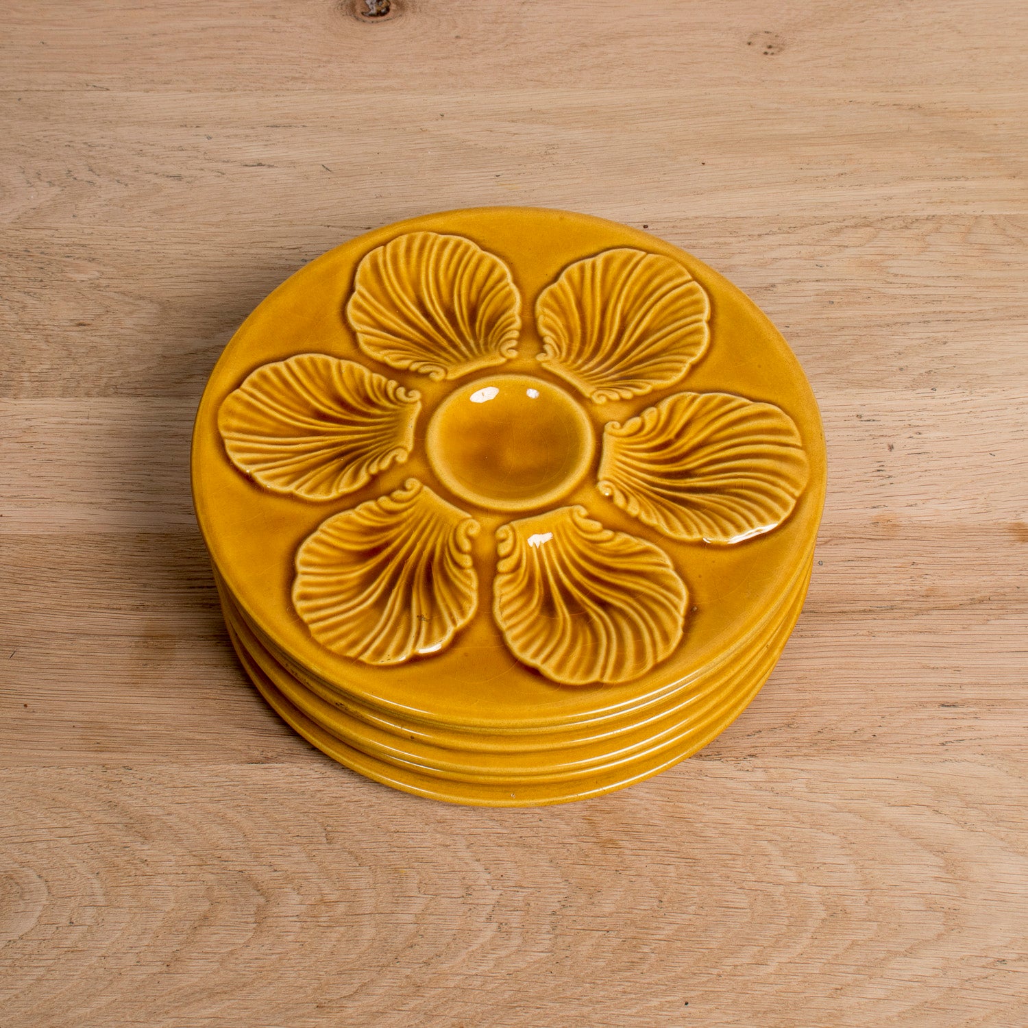 Set of Six Vintage French Proceram Gold Oyster Plates, Signed