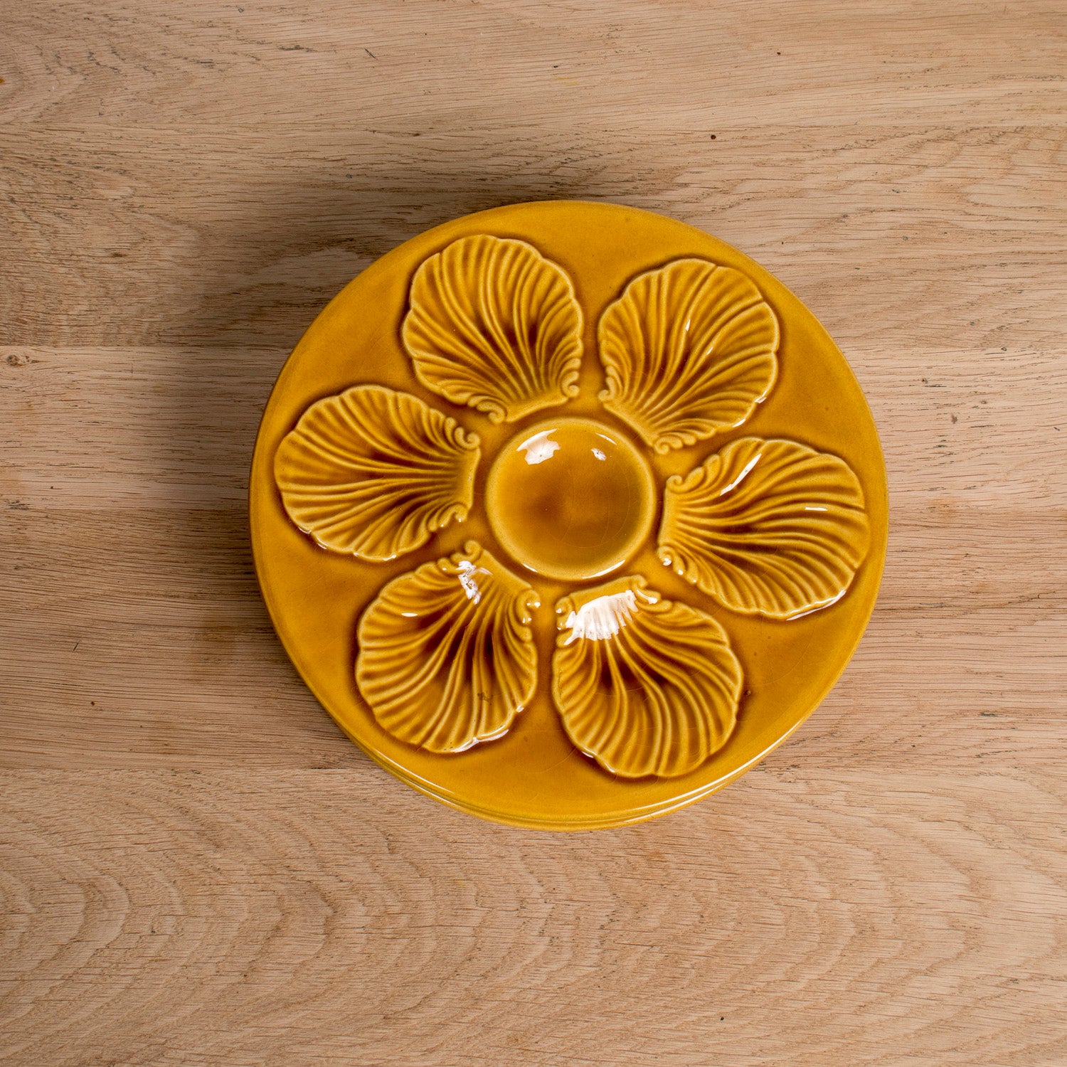 Set of Six Vintage French Proceram Gold Oyster Plates, Signed