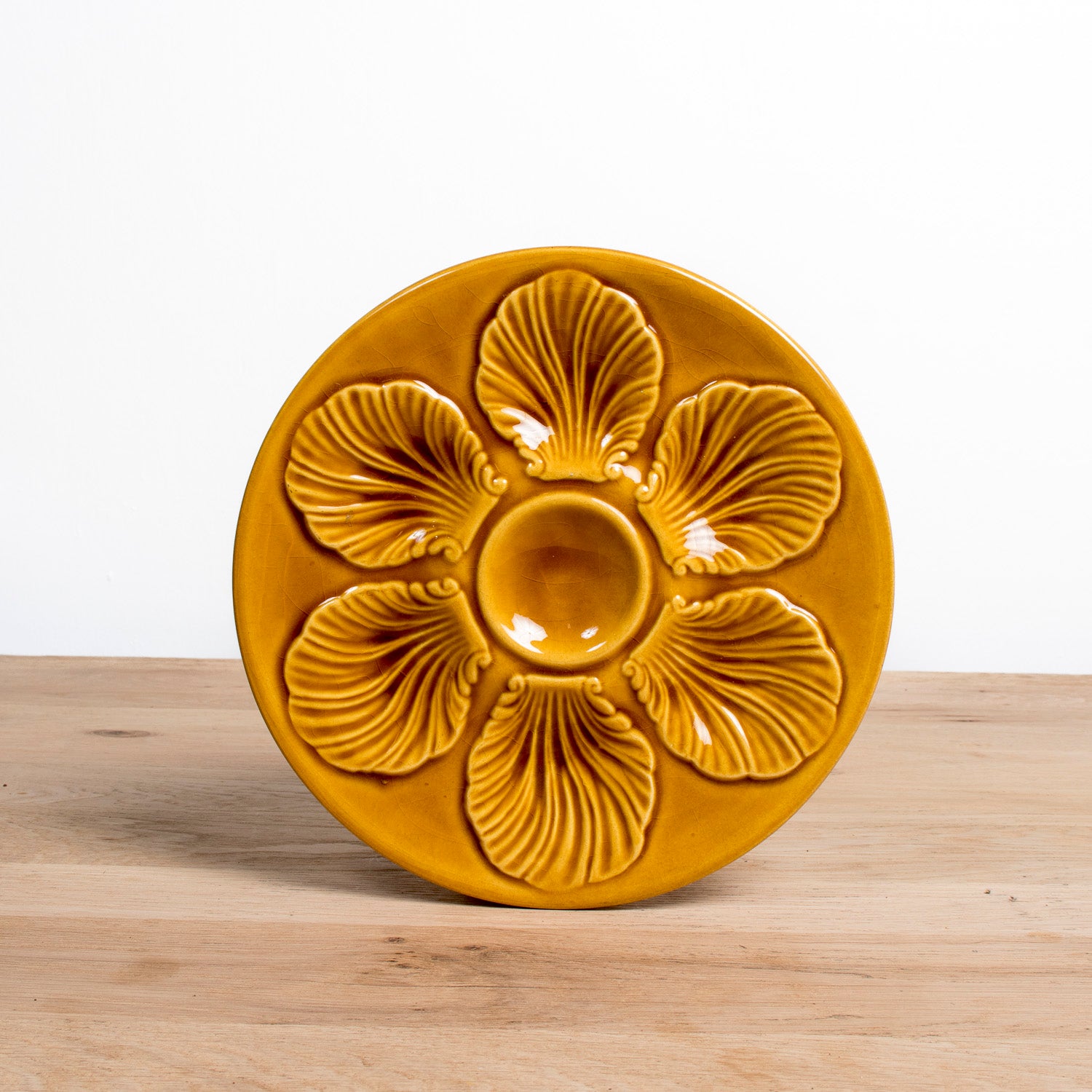 Set of Six Vintage French Proceram Gold Oyster Plates, Signed