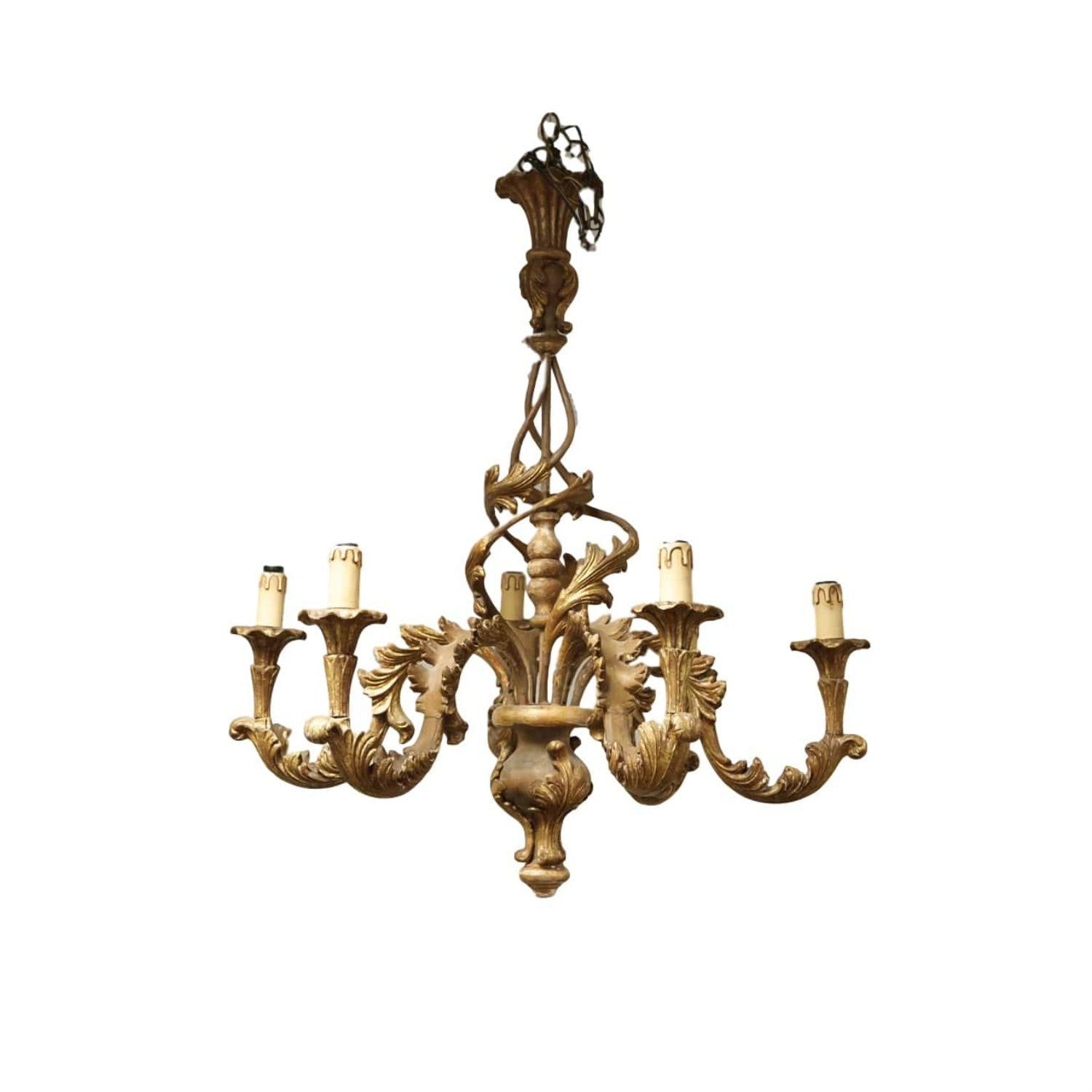 Italian Rococo Style Six-Light Painted and Parcel Gilt Wood Chandelier