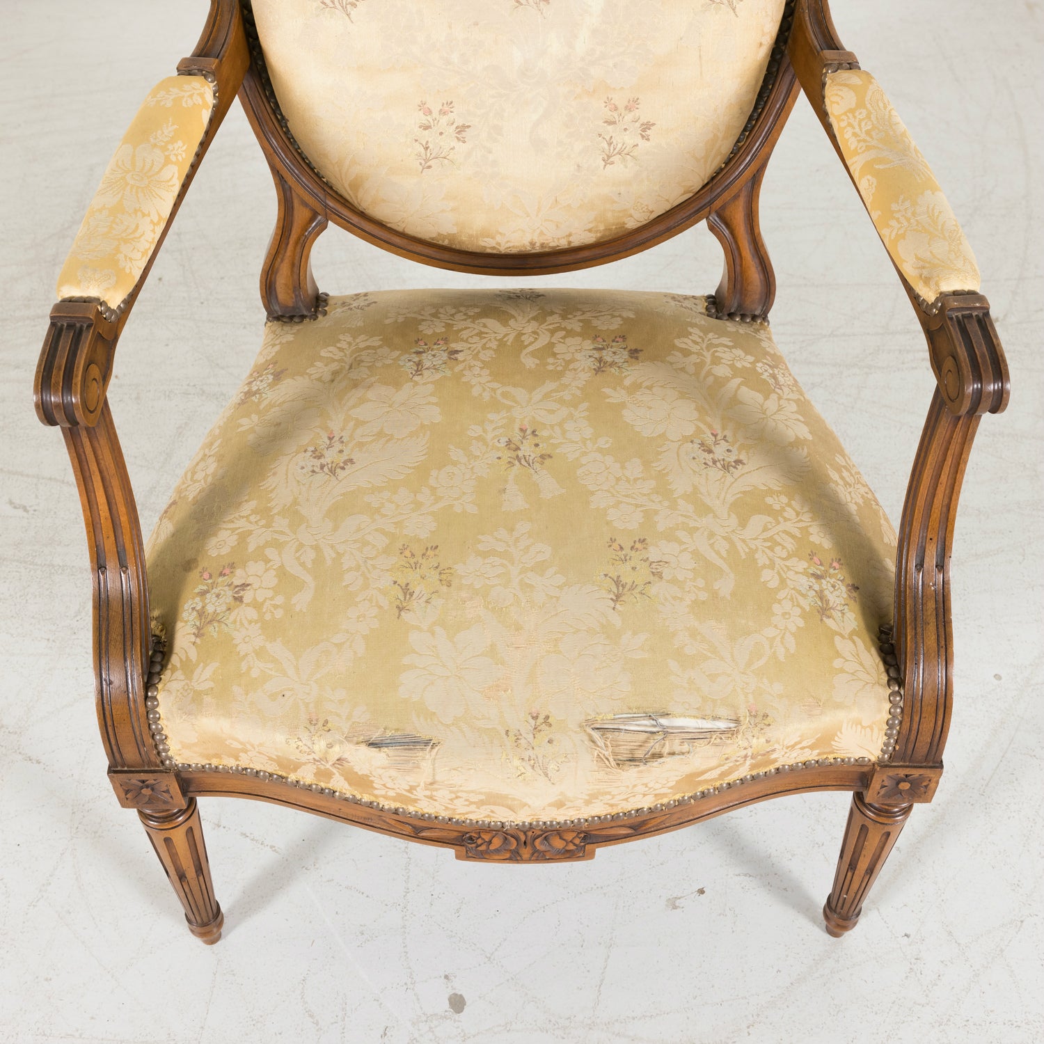 Four 19th Century French Louis XVI Style Carved Walnut Armchairs or Fauteuils a la Reine, Sold Separately