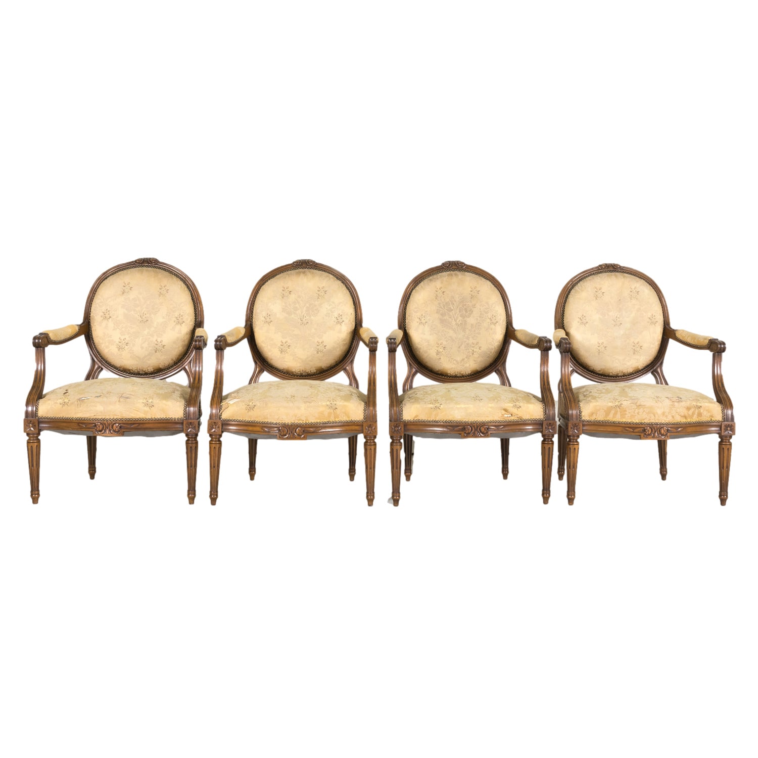 Four 19th Century French Louis XVI Style Carved Walnut Armchairs or Fauteuils a la Reine, Sold Separately