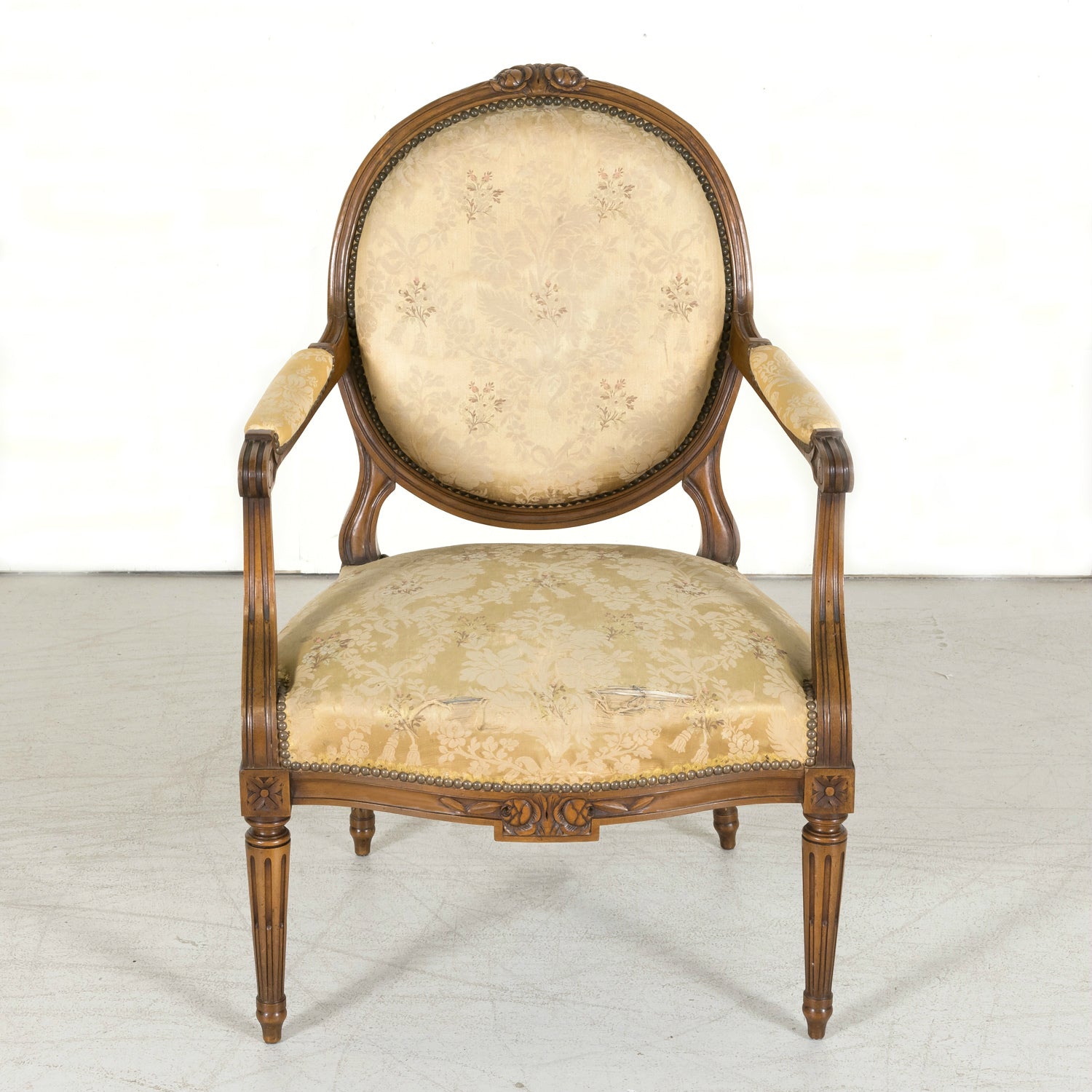 Four 19th Century French Louis XVI Style Carved Walnut Armchairs or Fauteuils a la Reine, Sold Separately