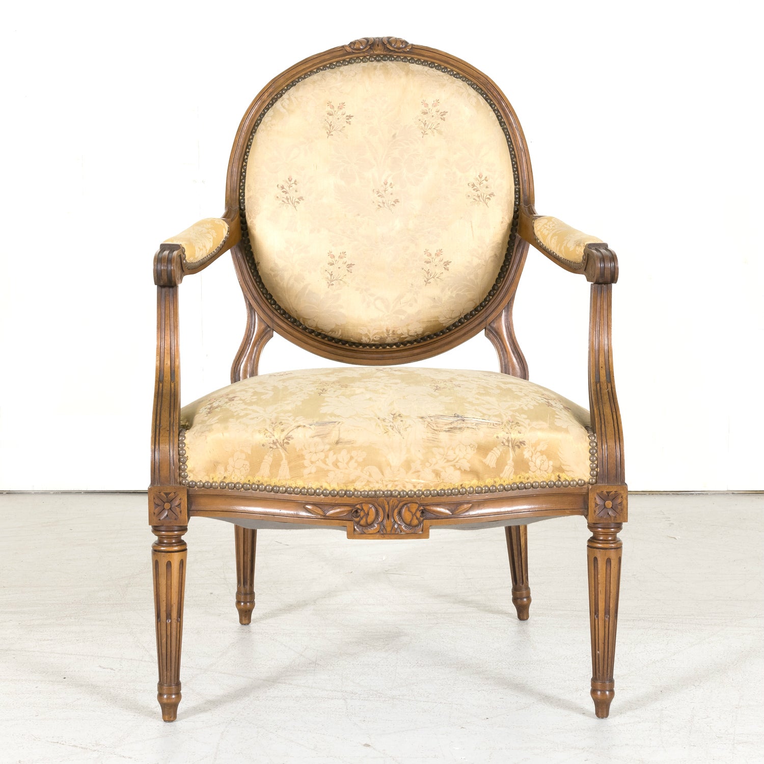 Four 19th Century French Louis XVI Style Carved Walnut Armchairs or Fauteuils a la Reine, Sold Separately