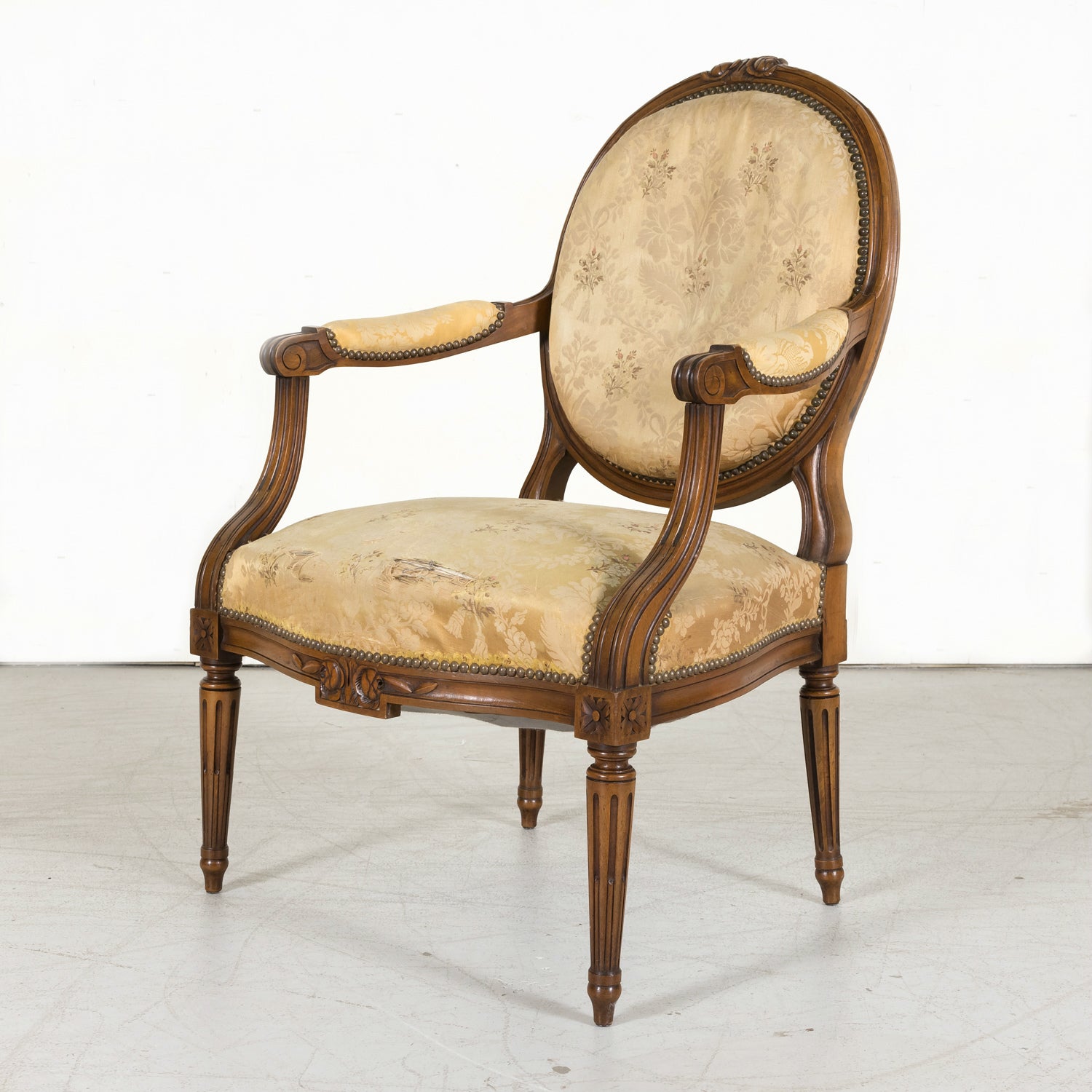 Four 19th Century French Louis XVI Style Carved Walnut Armchairs or Fauteuils a la Reine, Sold Separately