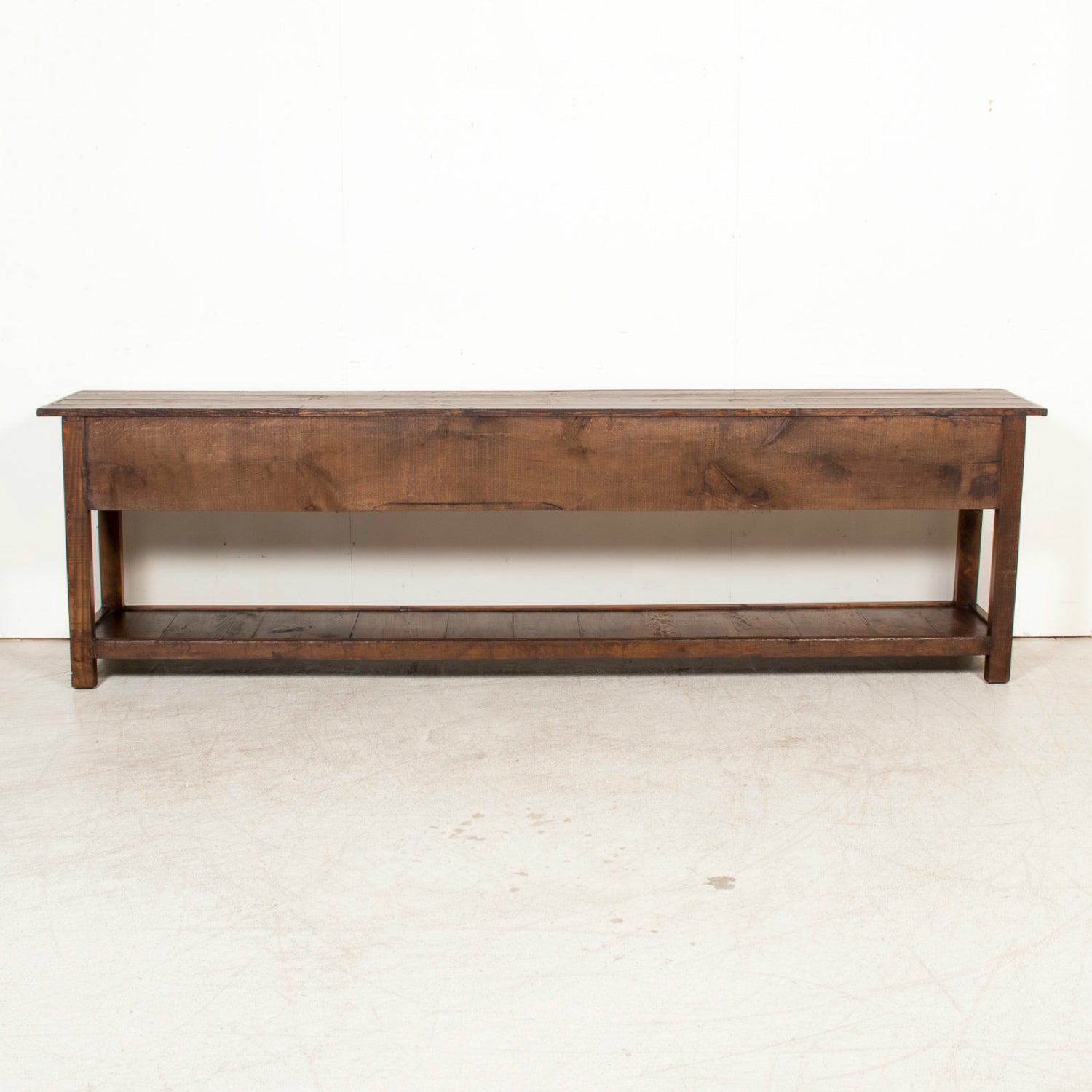 19th Century French Farm House Console Table with Four Drawers and Shelf