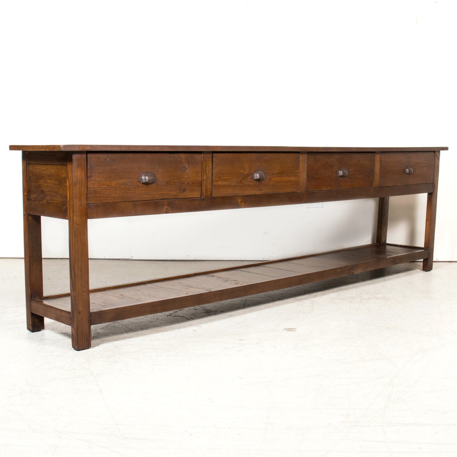 19th Century French Farm House Console Table with Four Drawers and Shelf