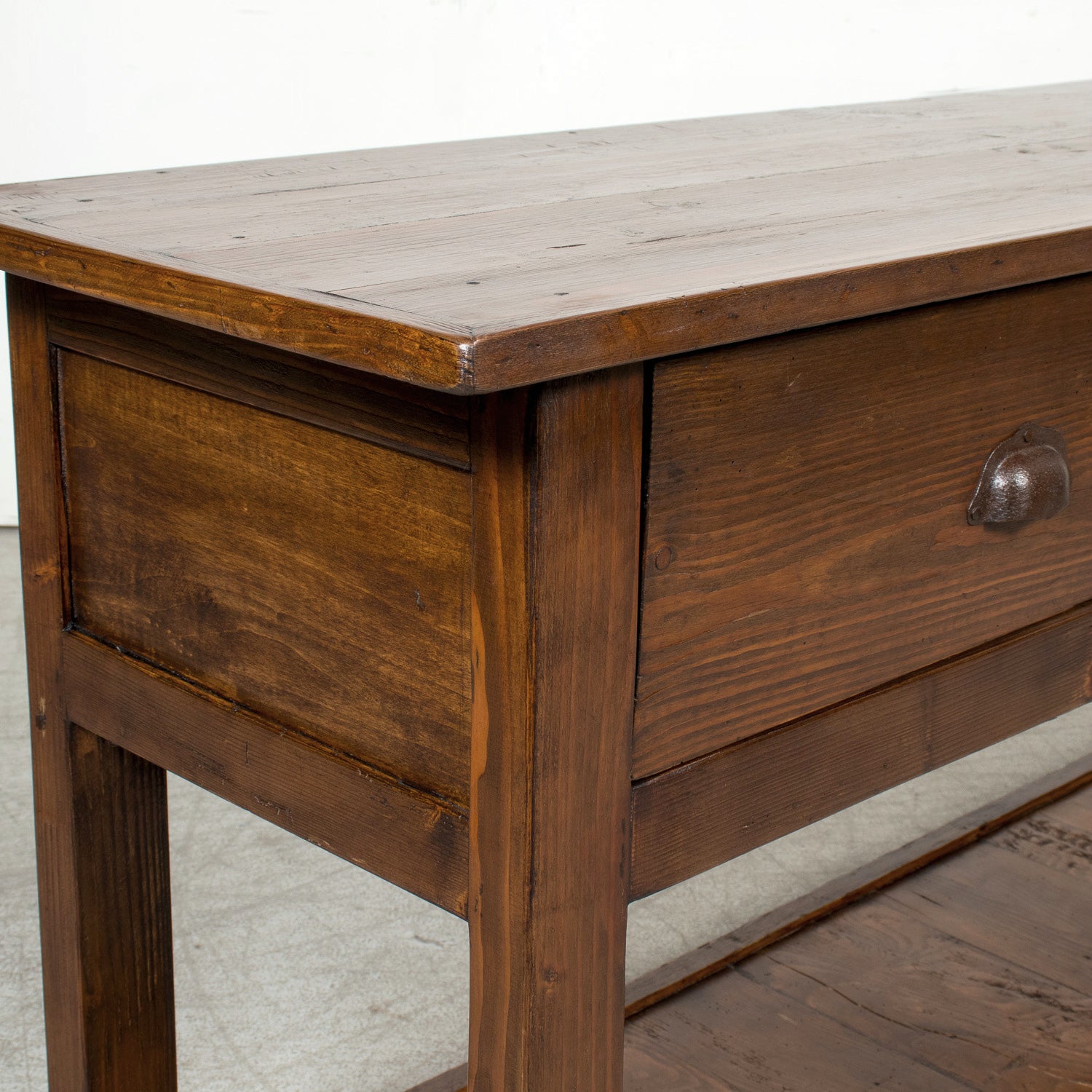 19th Century French Farm House Console Table with Four Drawers and Shelf