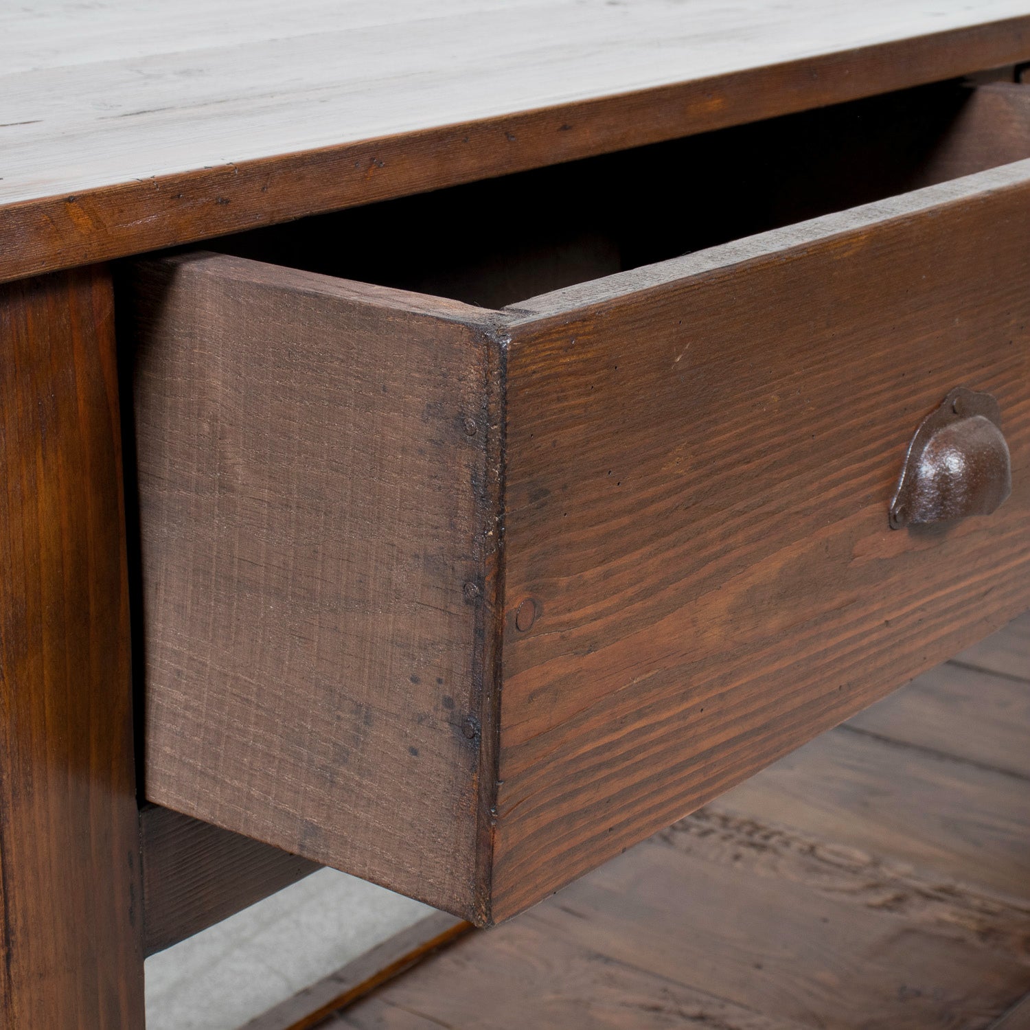19th Century French Farm House Console Table with Four Drawers and Shelf