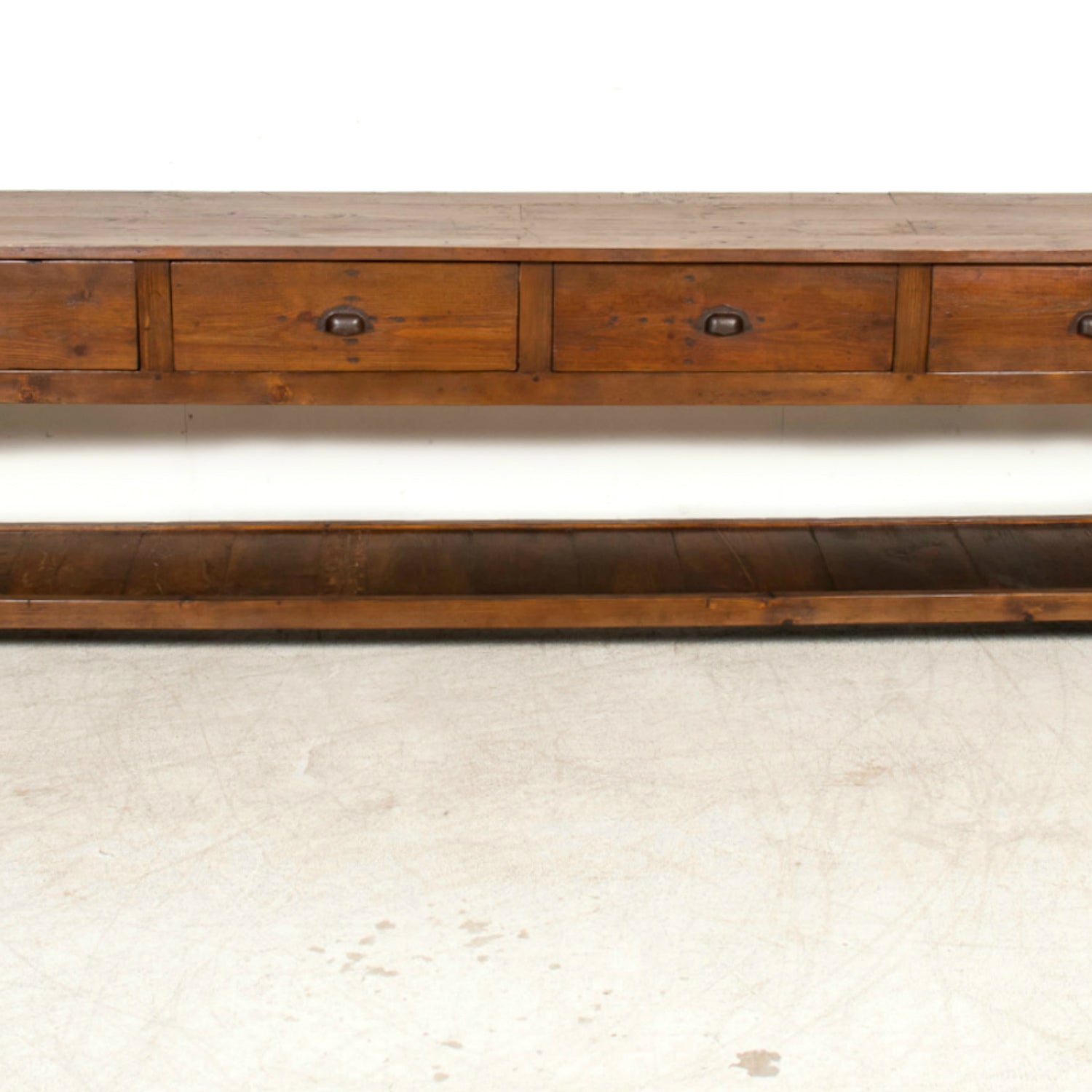 19th Century French Farm House Console Table with Four Drawers and Shelf