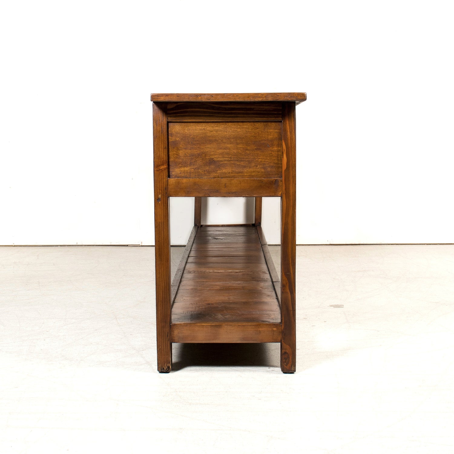 19th Century French Farm House Console Table with Four Drawers and Shelf