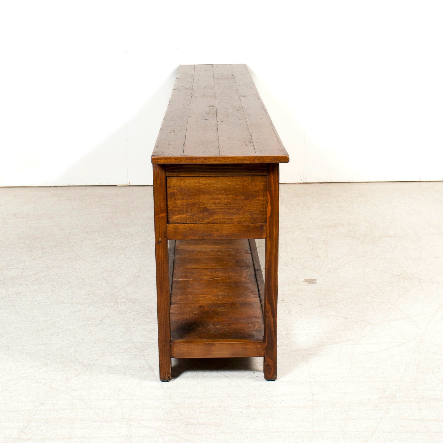 19th Century French Farm House Console Table with Four Drawers and Shelf
