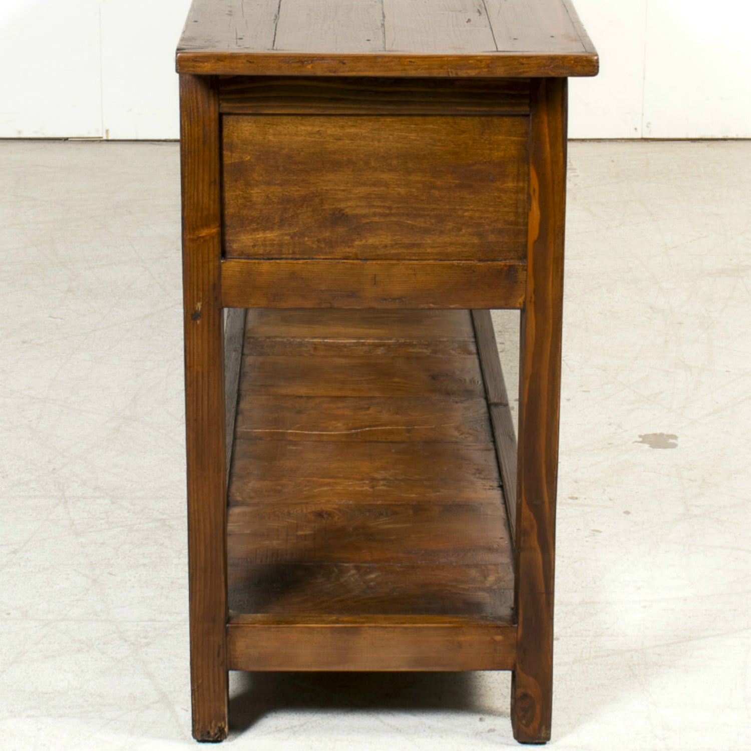 19th Century French Farm House Console Table with Four Drawers and Shelf