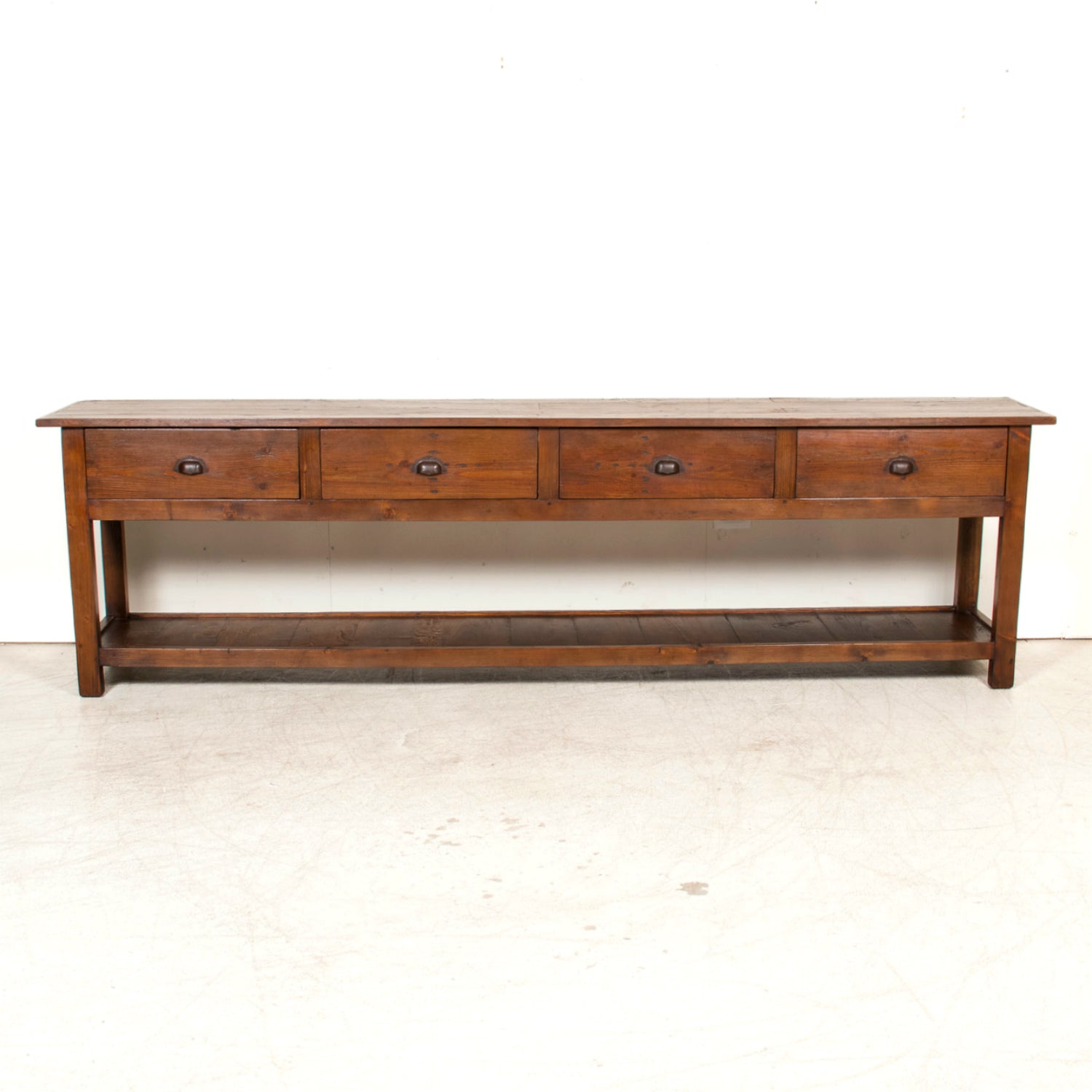 19th Century French Farm House Console Table with Four Drawers and Shelf