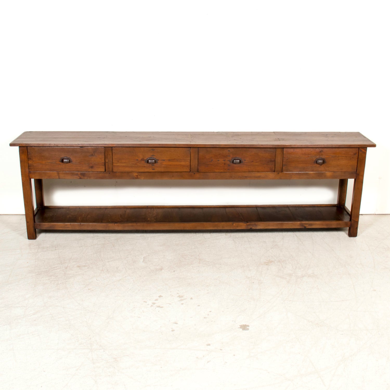 19th Century French Farm House Console Table with Four Drawers and Shelf