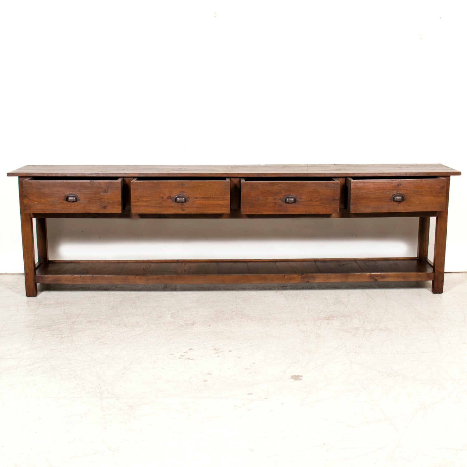 19th Century French Farm House Console Table with Four Drawers and Shelf