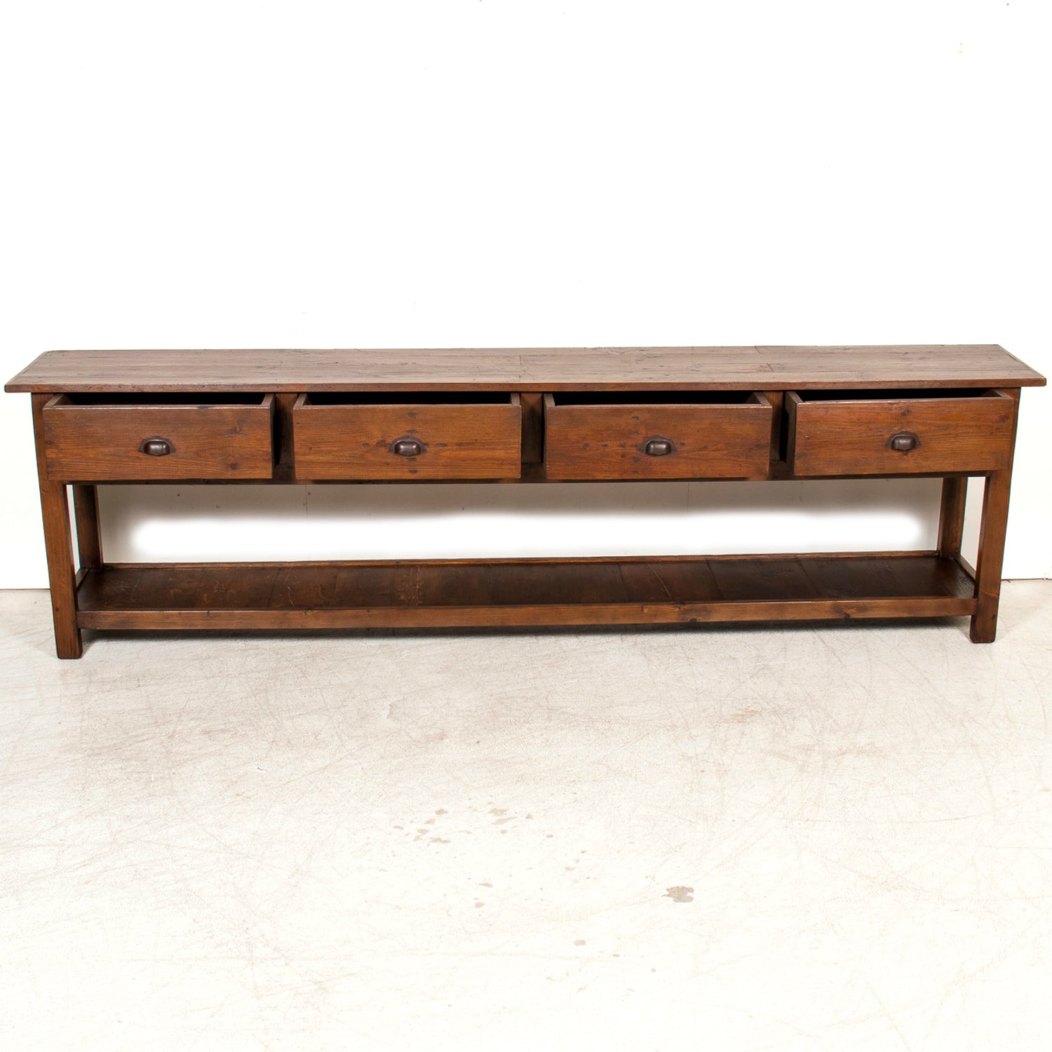 19th Century French Farm House Console Table with Four Drawers and Shelf