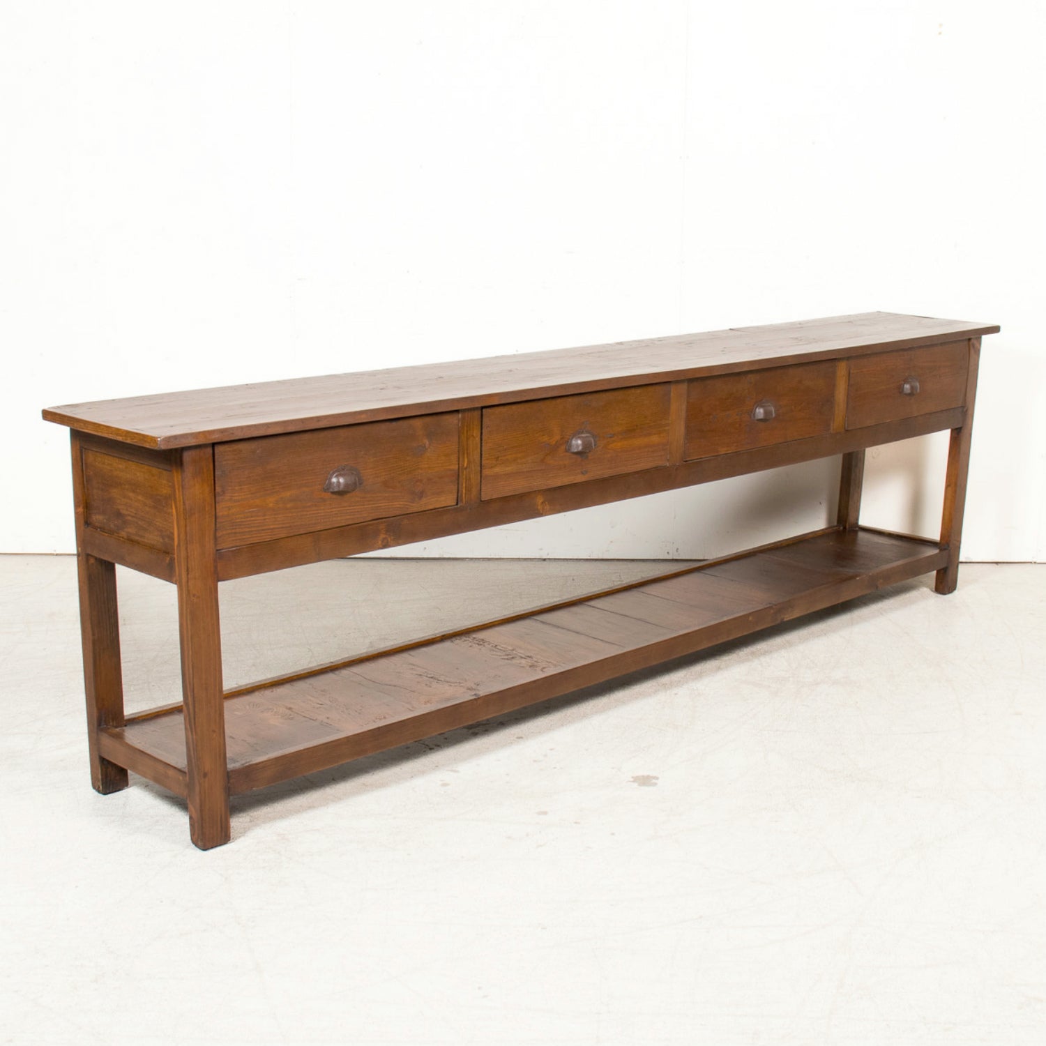 19th Century French Farm House Console Table with Four Drawers and Shelf