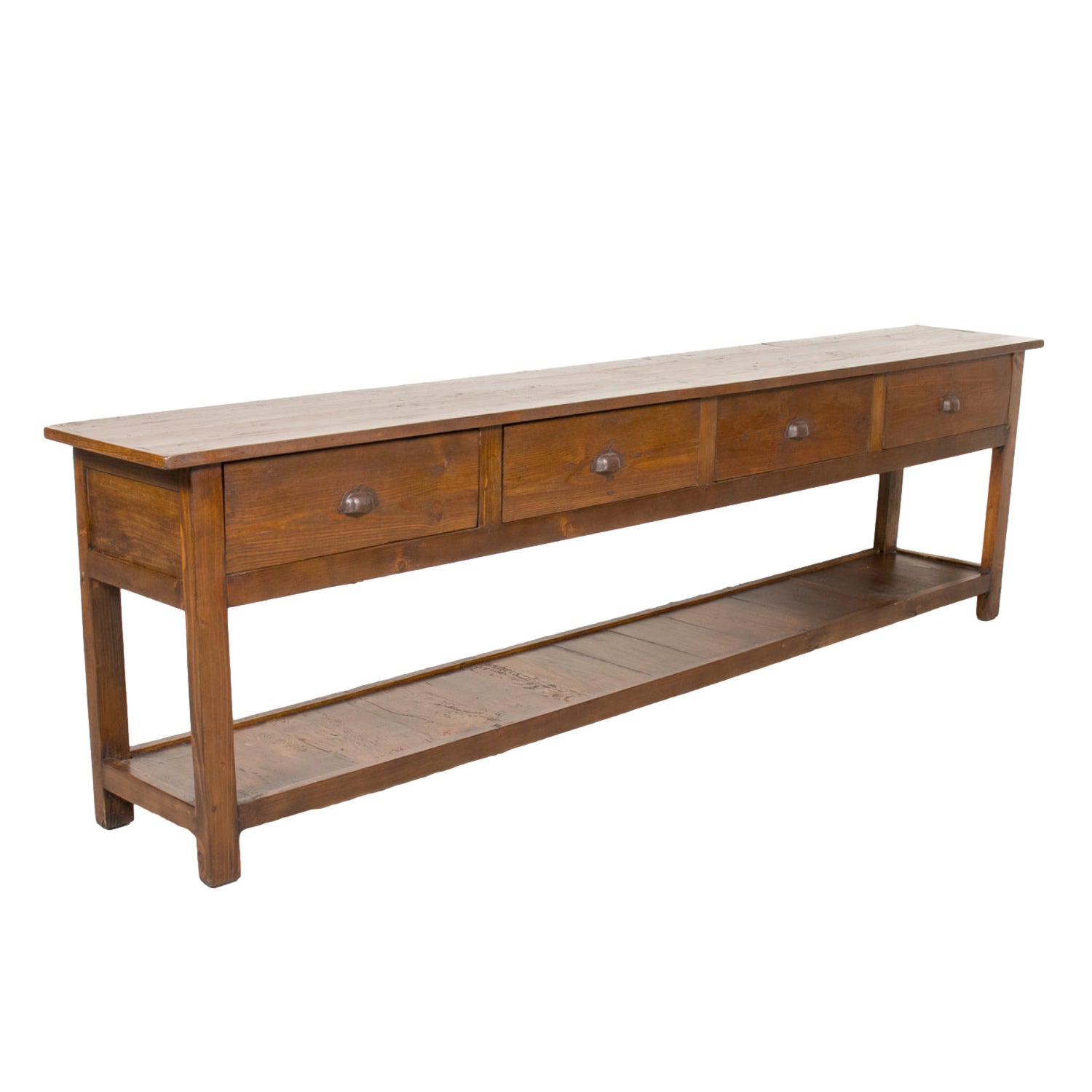 19th Century French Farm House Console Table with Four Drawers and Shelf
