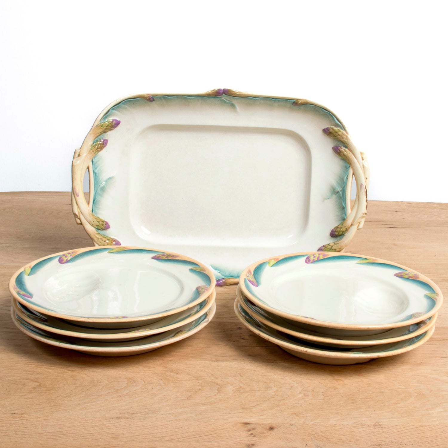 19th Century French Asparagus Plate Set and Platter by Sarreguemines