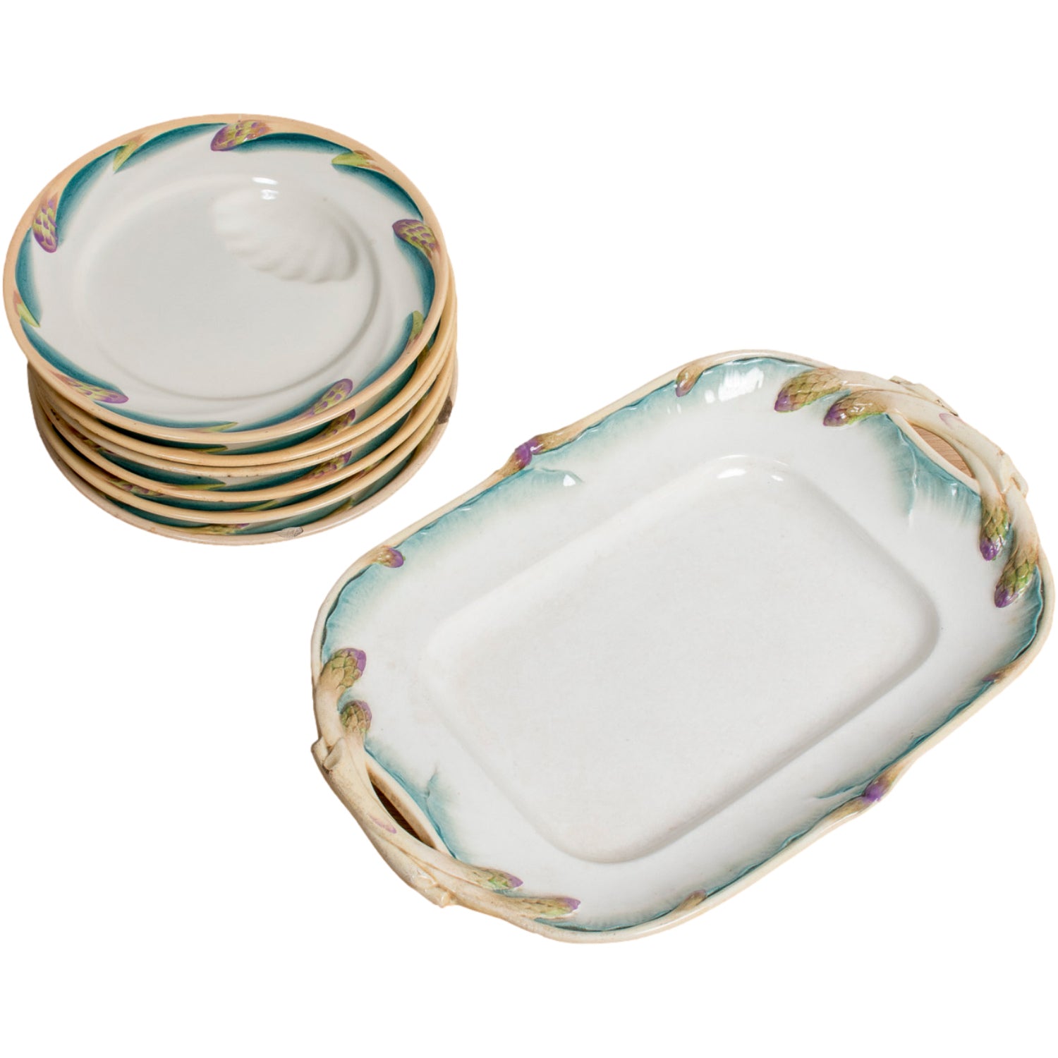 19th Century French Asparagus Plate Set and Platter by Sarreguemines