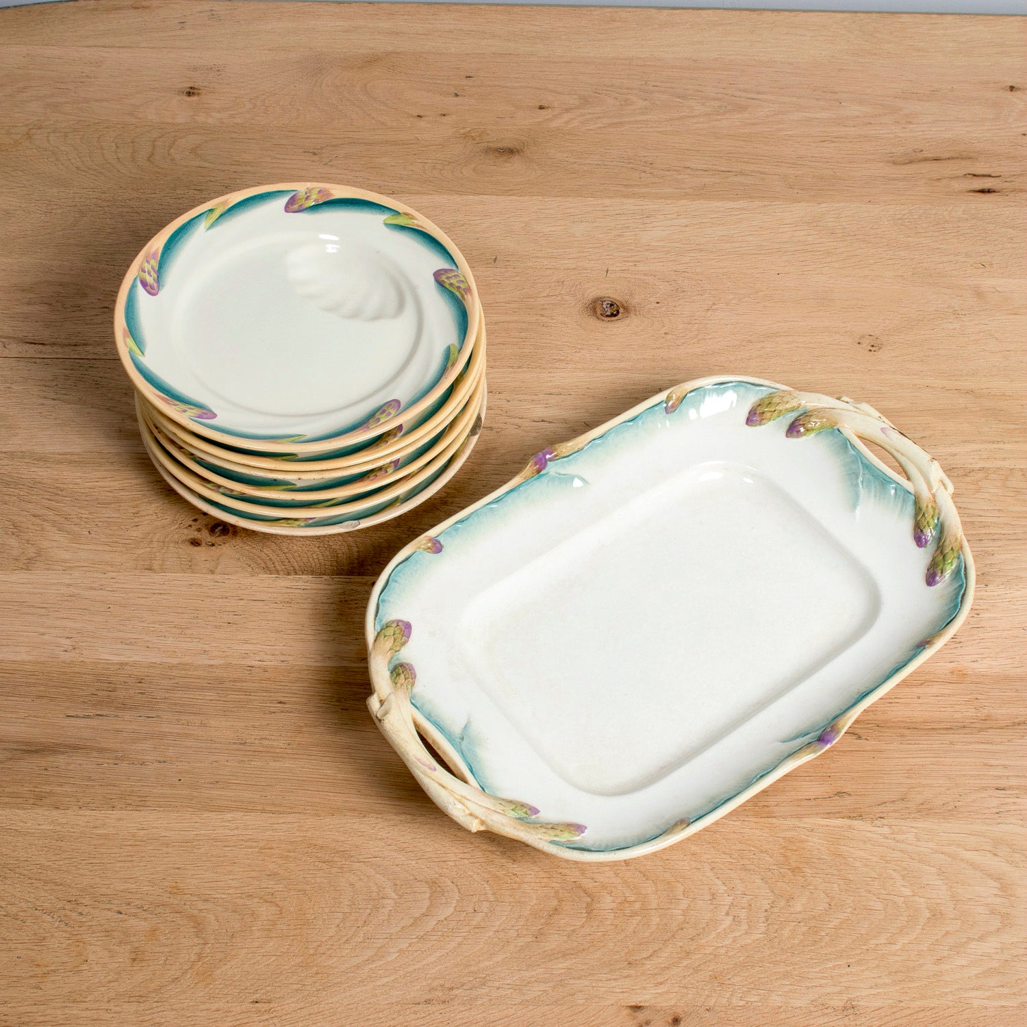 19th Century French Asparagus Plate Set and Platter by Sarreguemines