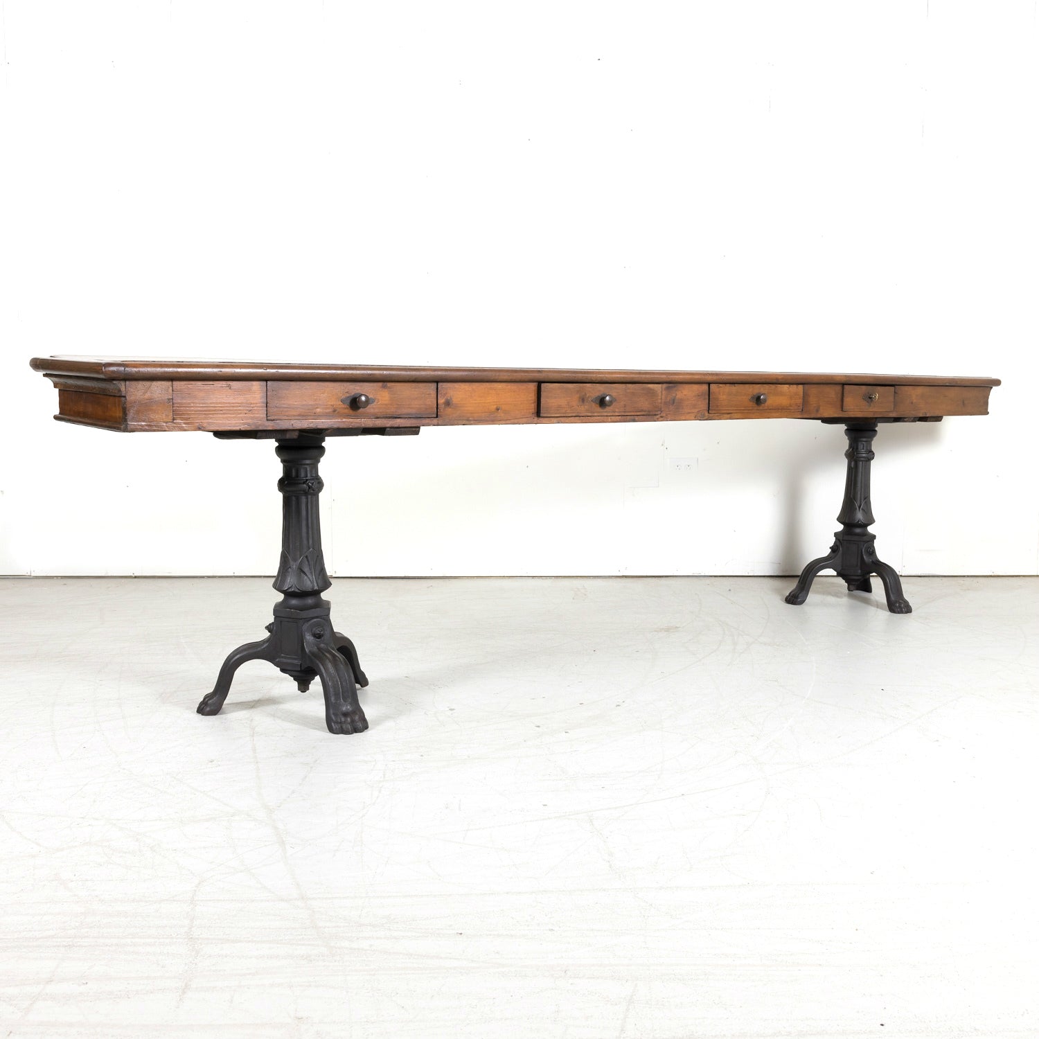Large 19th Century French Louis Philippe Style Walnut Console or Sofa Table with Drawers on Iron Tripod Bases