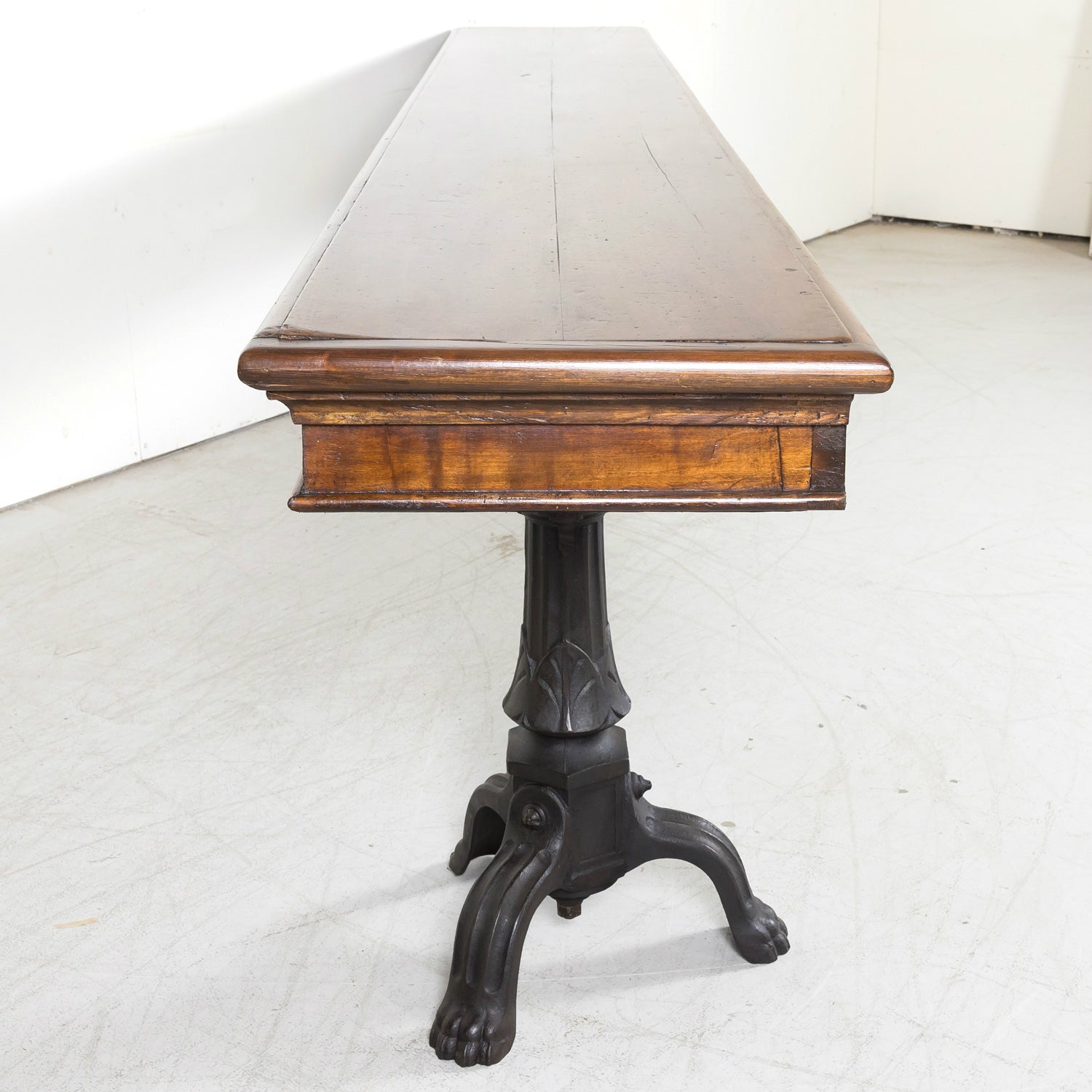 Large 19th Century French Louis Philippe Style Walnut Console or Sofa Table with Drawers on Iron Tripod Bases